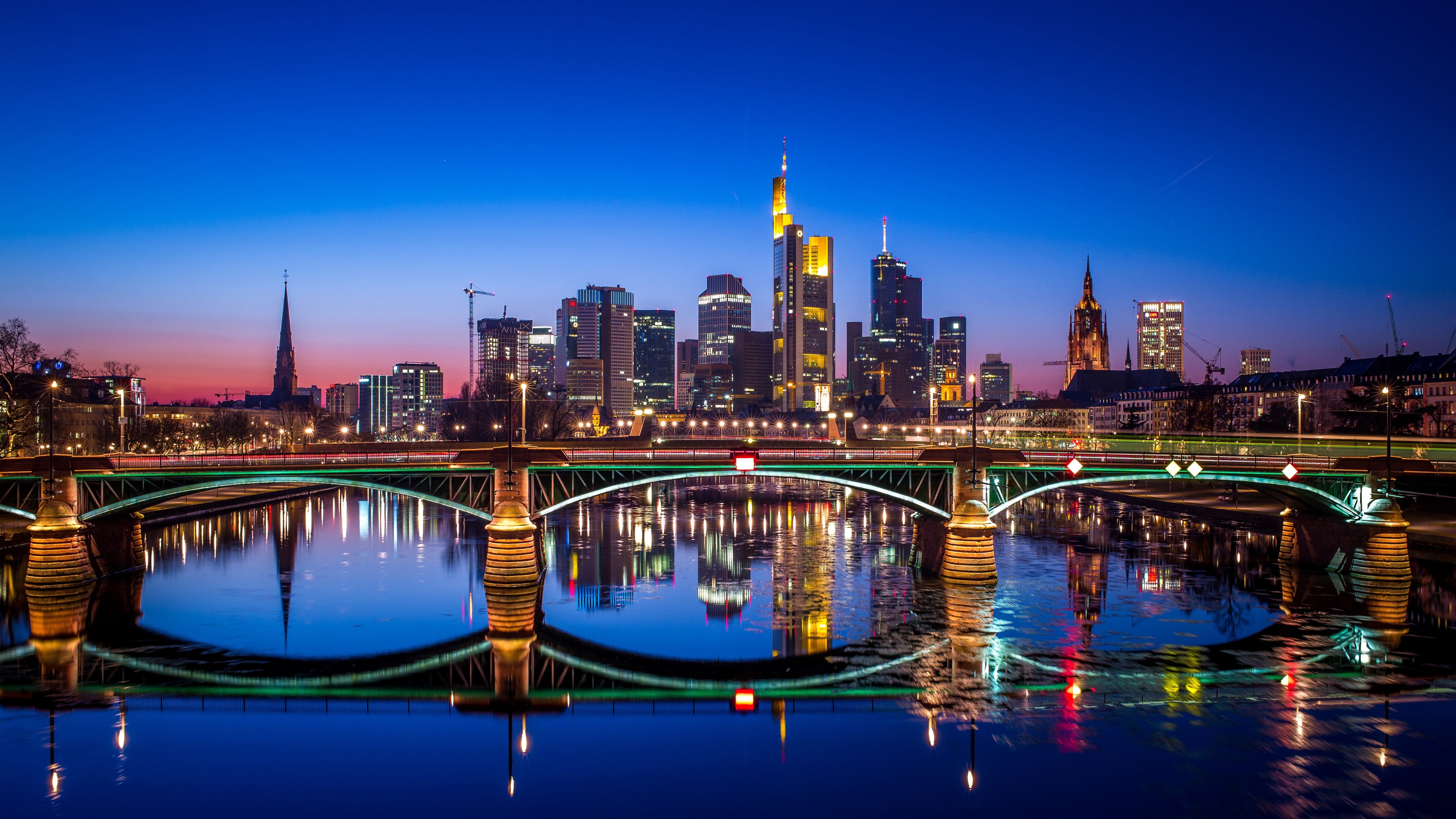 frankfurt, germany, europe, river, night, cityscape, bridge