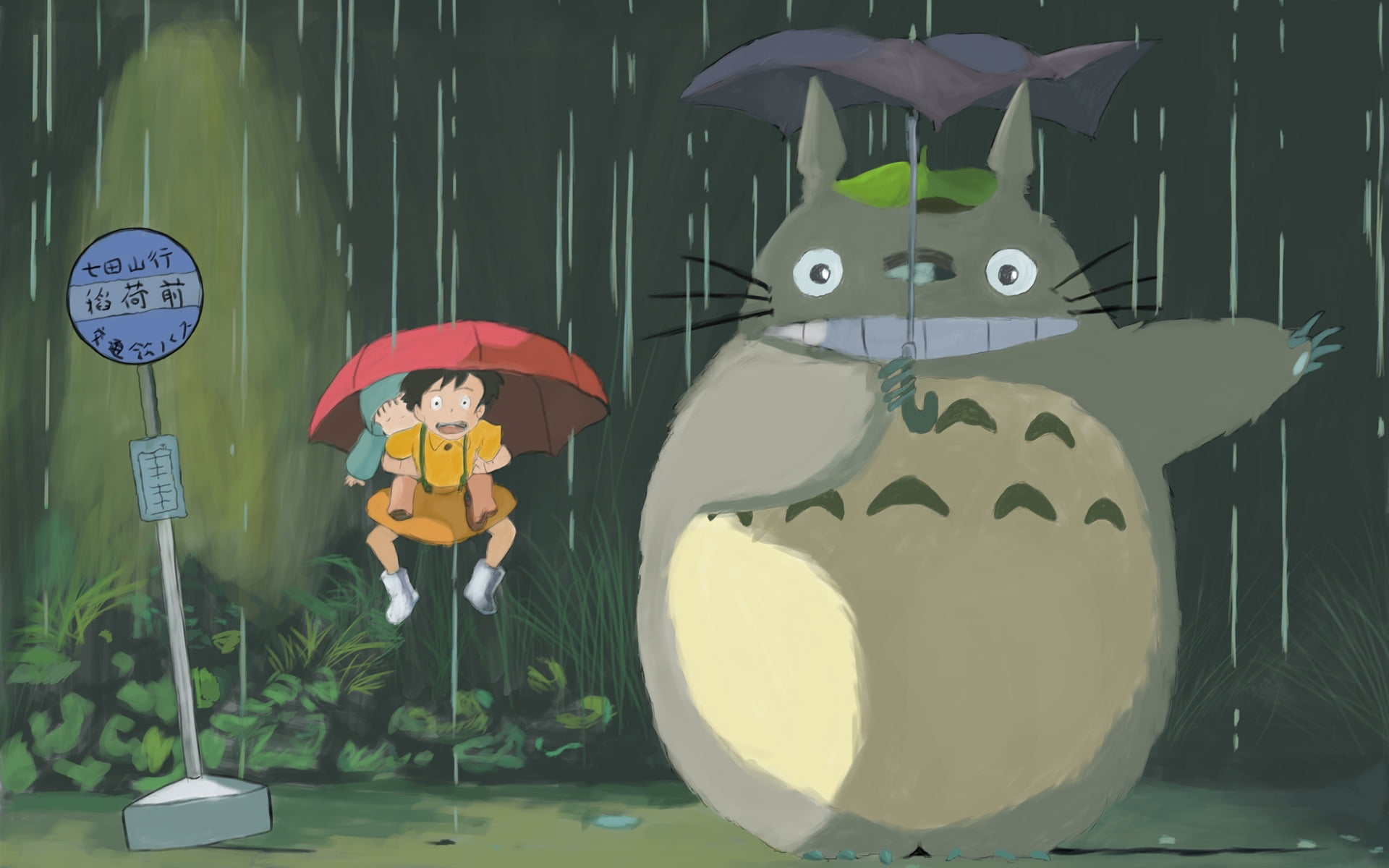 Anime wallpapeer, totoro, hayao miyazaki, rain, umbrella, halloween
