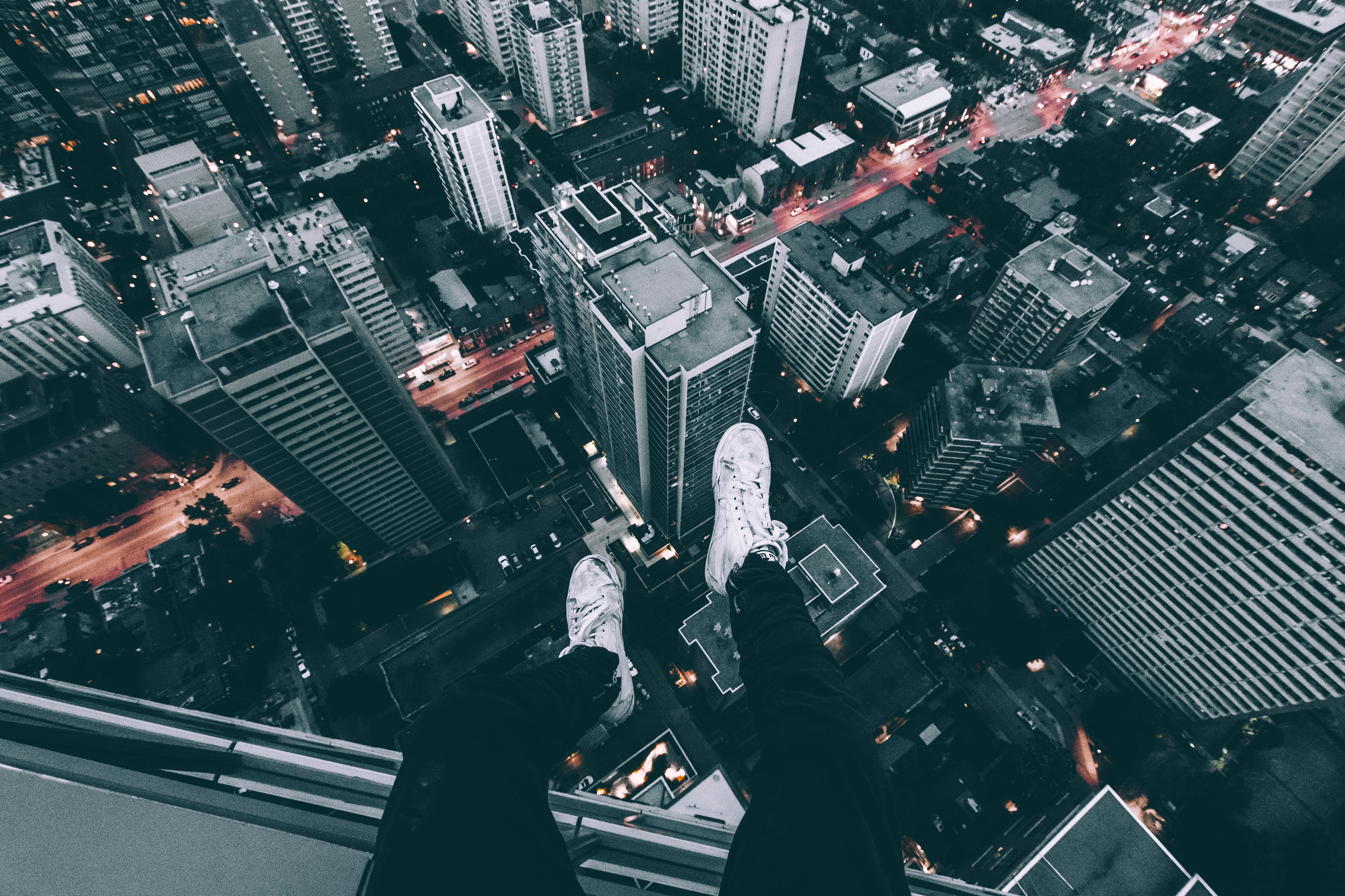 white high-top sneakers, skyscrapers, roof, legs, shoes, night