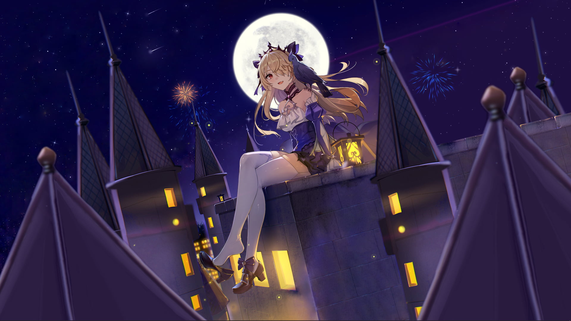 Fischl (Genshin Impact), anime girls, night, dress, Moon, fireworks