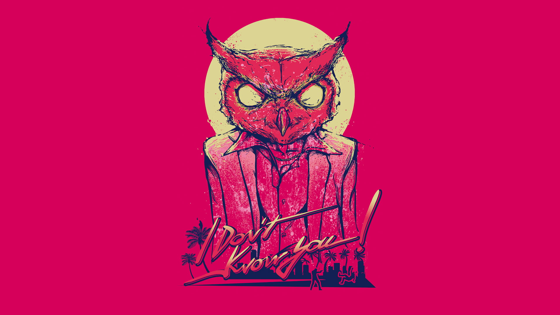 red owl sketch with i don't know you text overlay, pink, Hotline Miami