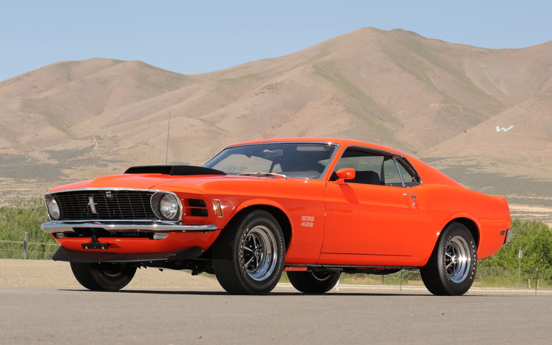 orange Ford Mustang coupe, the sky, mountains, classic, 1970