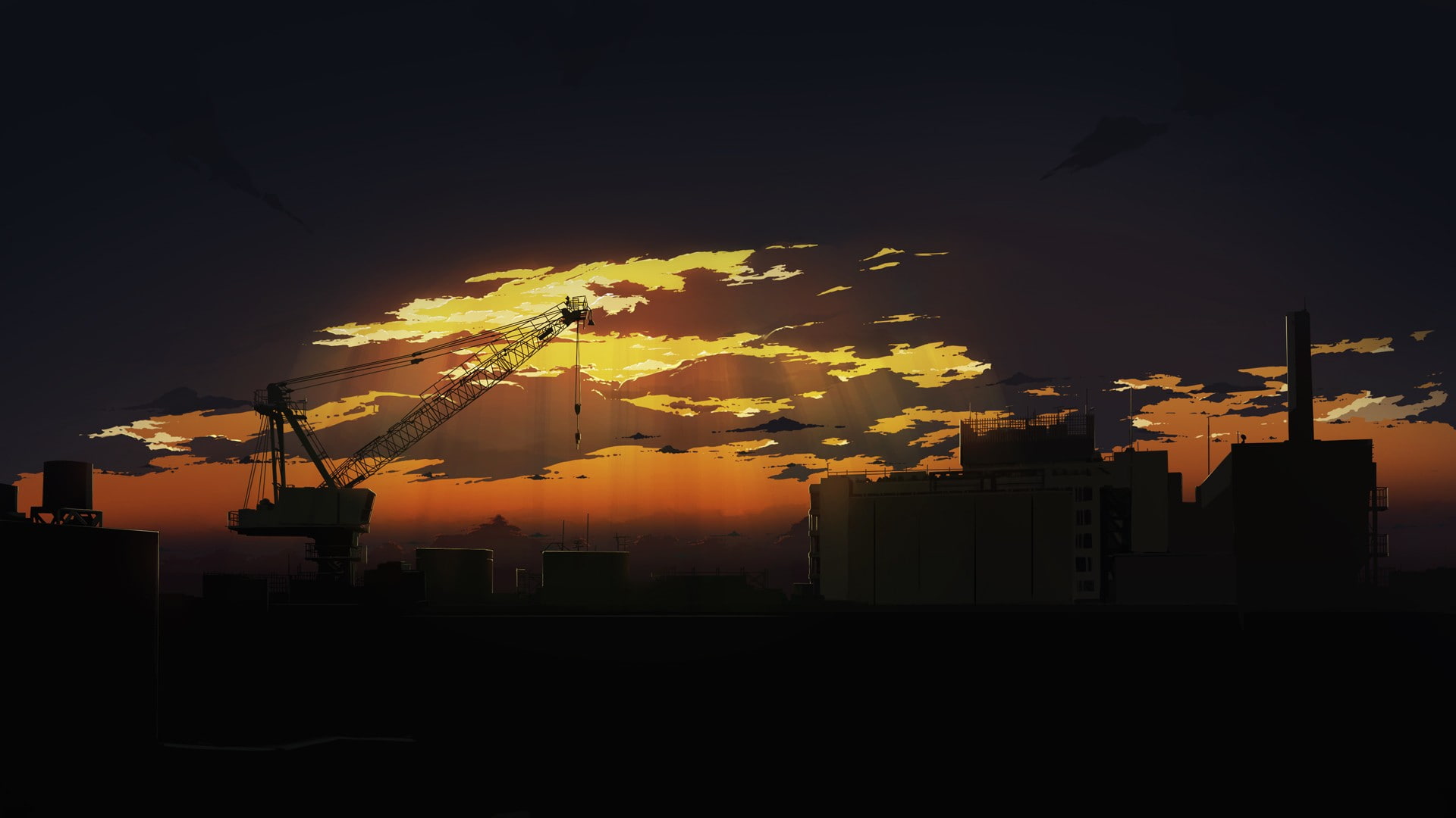 dark, sunset, anime, sky, building exterior, built structure