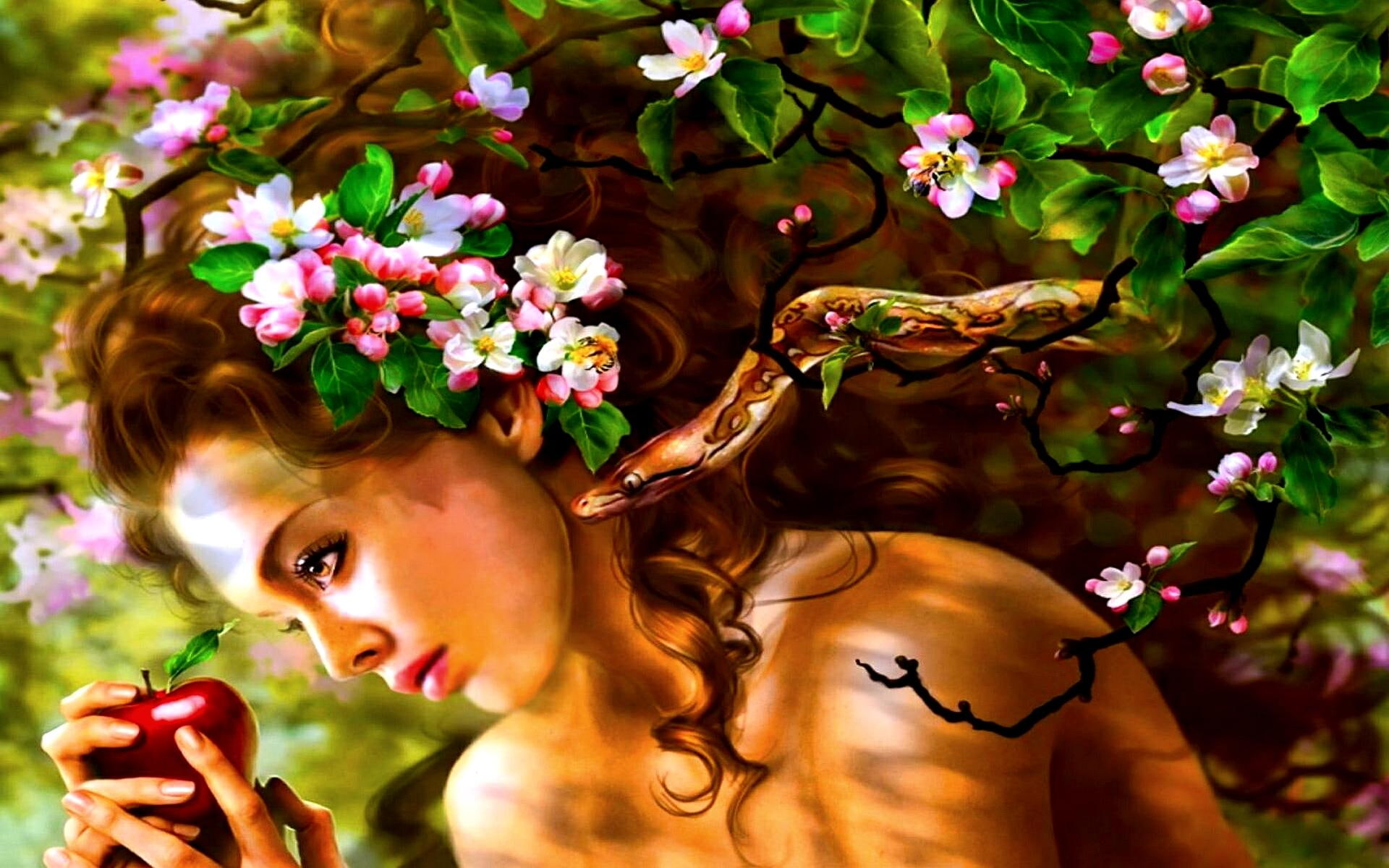 Mysterious Beauty, brown haired woman holding apple illustrationb