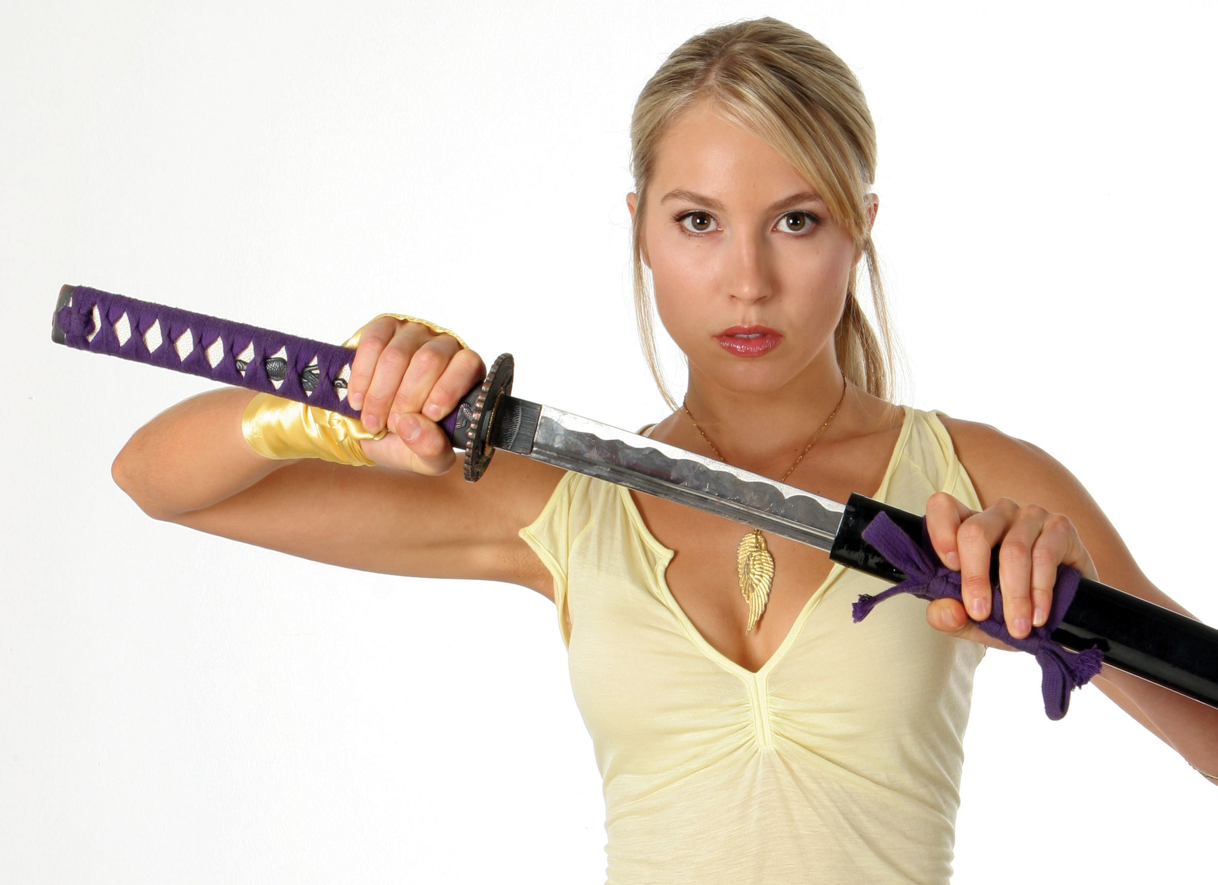 purple and gray katana sword with sheath, blonde, DOA, Sarah Carter