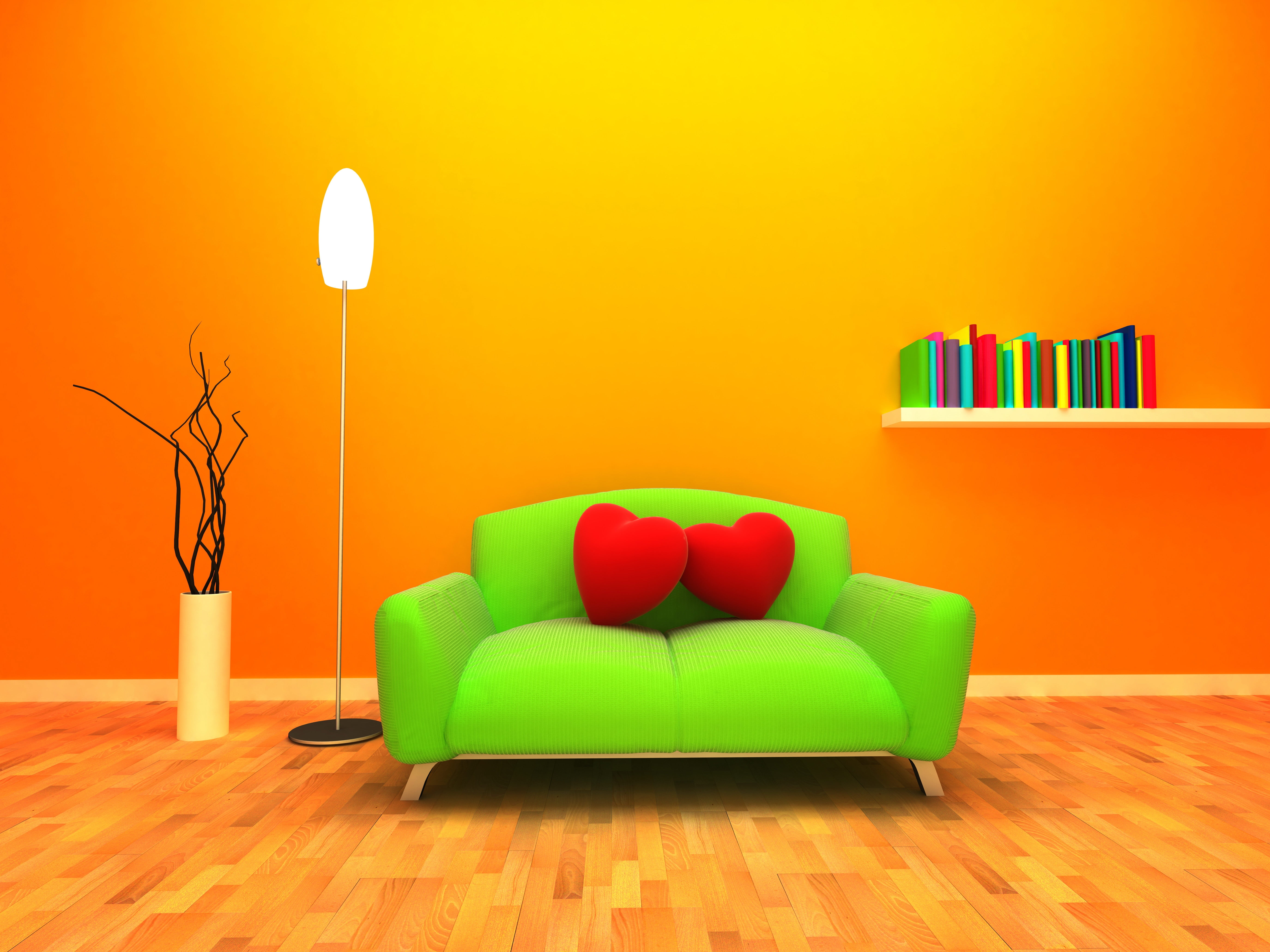 green padded 2-seat sofa, heart, room, 3d graphics, orange background