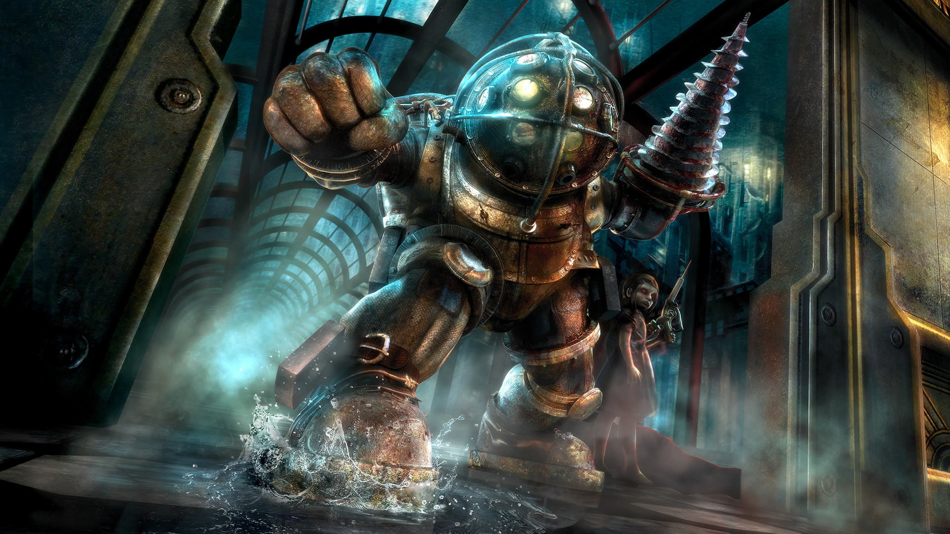 Bioshock Big Daddy Little Sister HD, girl and robot character illustration