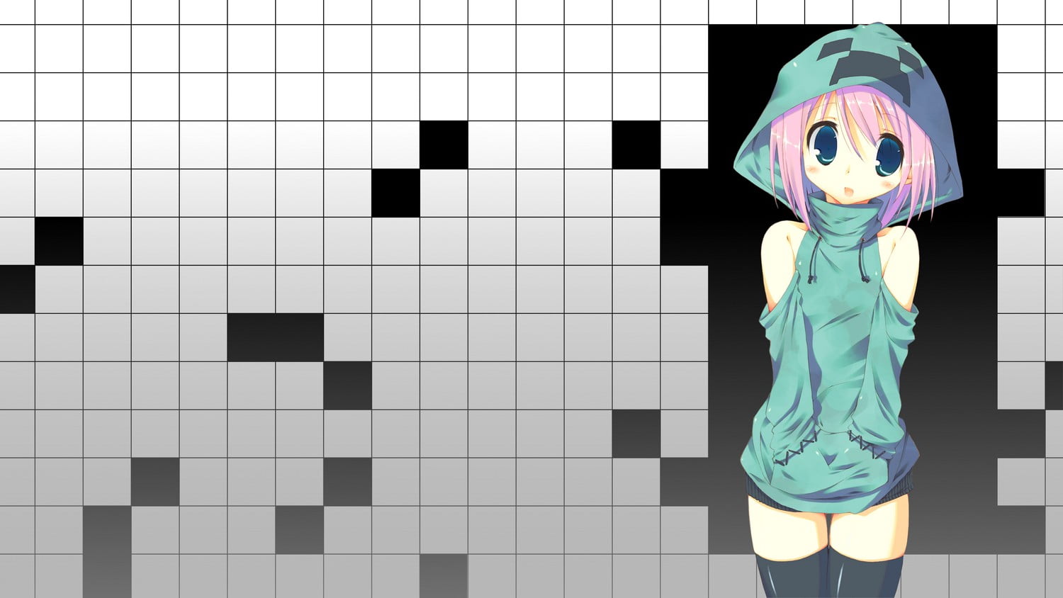 Minecraft wallpaper, creeper, anime girls, blue eyes, pink hair