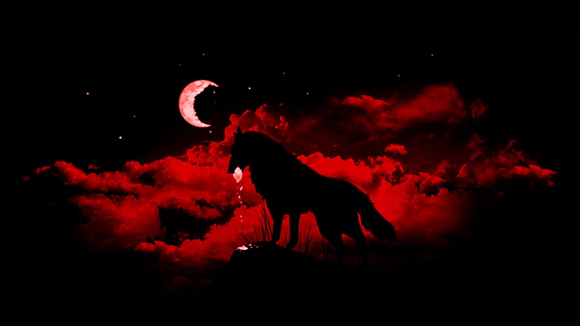 wolf, fantasy art, Moon, animals, night, red, sky, mammal, animal themes
