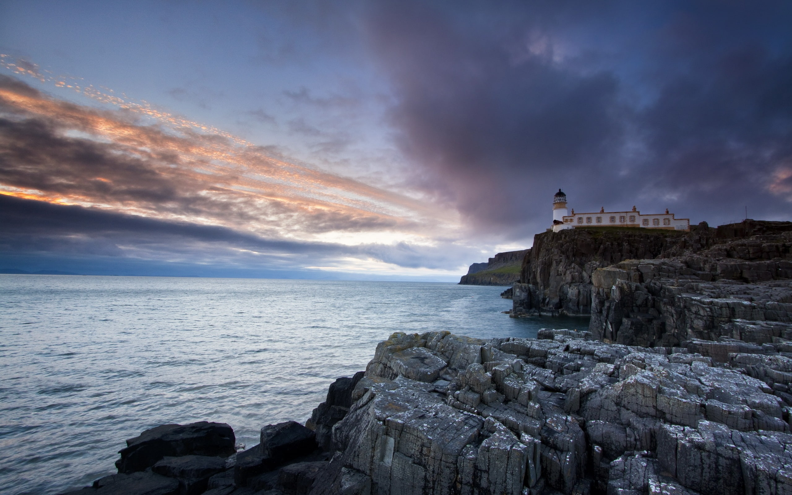 Neist Point Lighthouse, Isle of Skye, lighthouse, sea, rocks, dusk