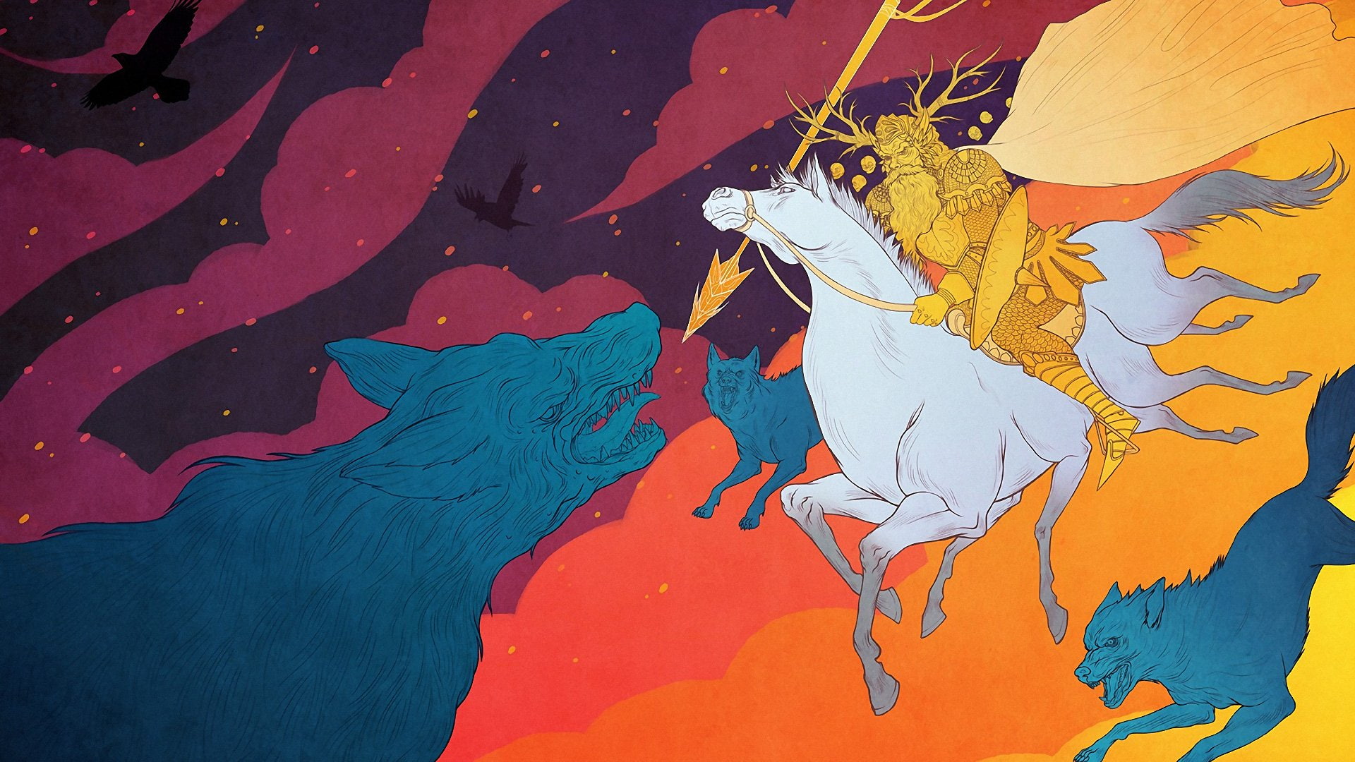 birds, blue, horses, Odin, Pink, Purple, white, wolves, yellow