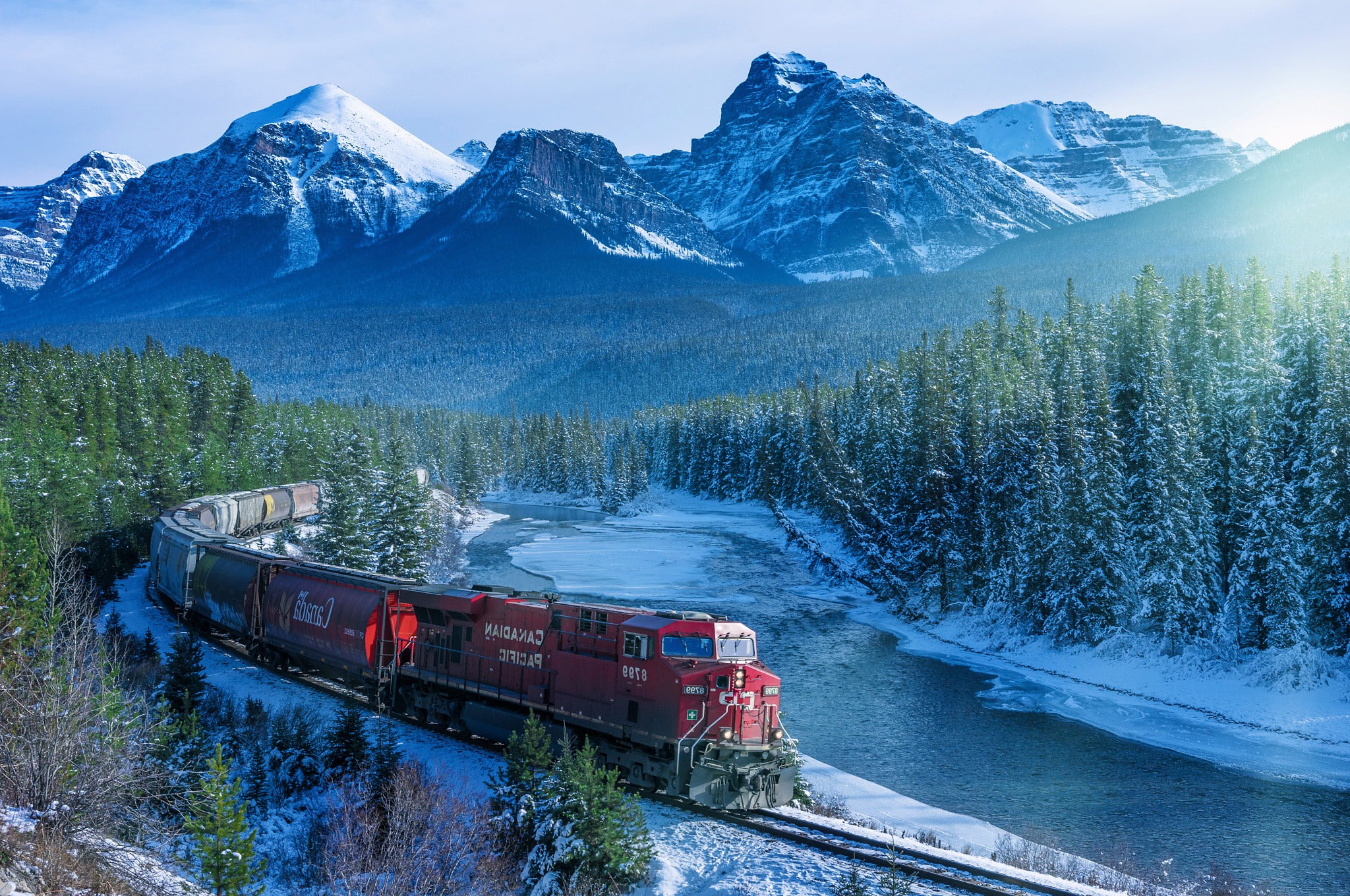 Canada, forest, ice, landscape, mountain, Railway, river, Rocky Mountains
