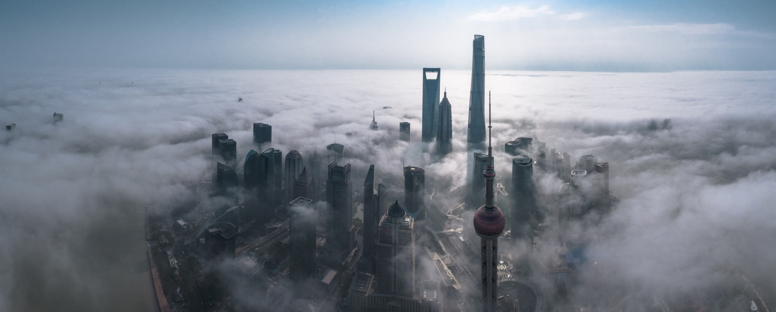 morning, aerial view, photography, mist, sunlight, skyscraper