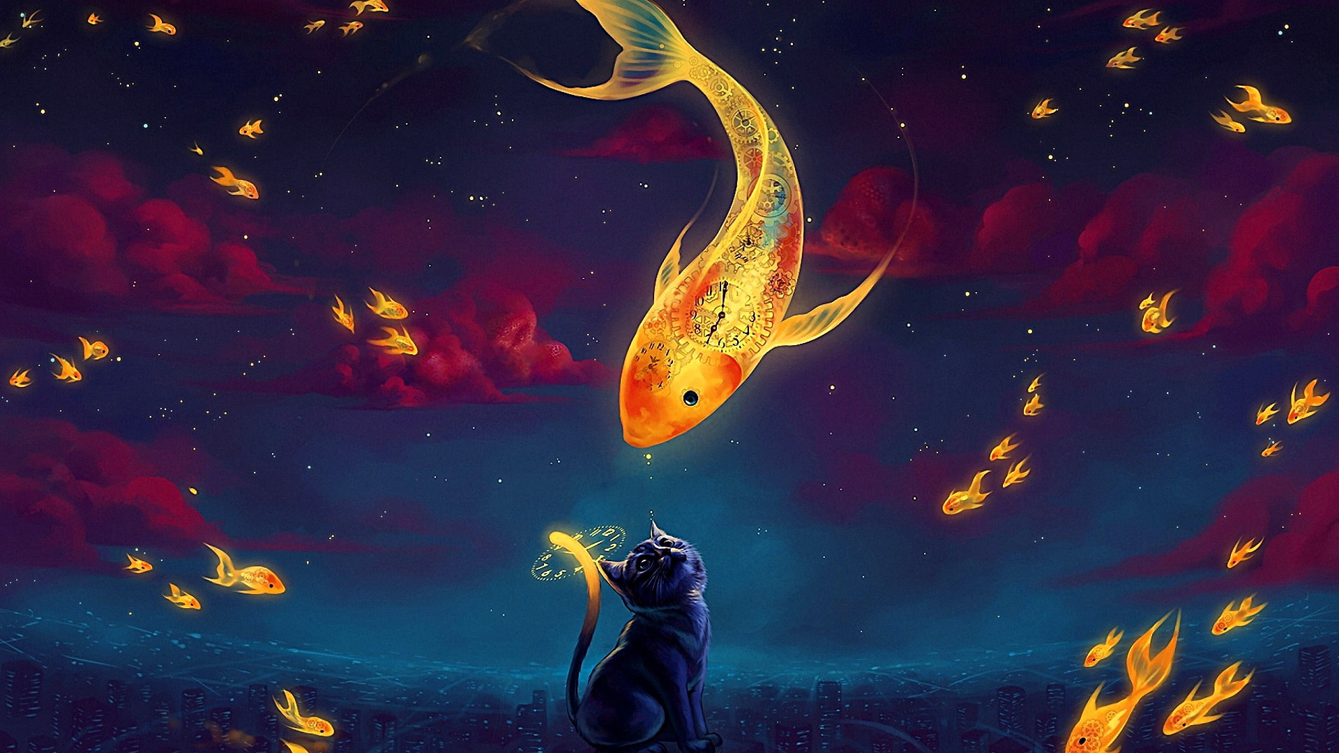 sky, darkness, fish, cat, fantasy art, night, illustration