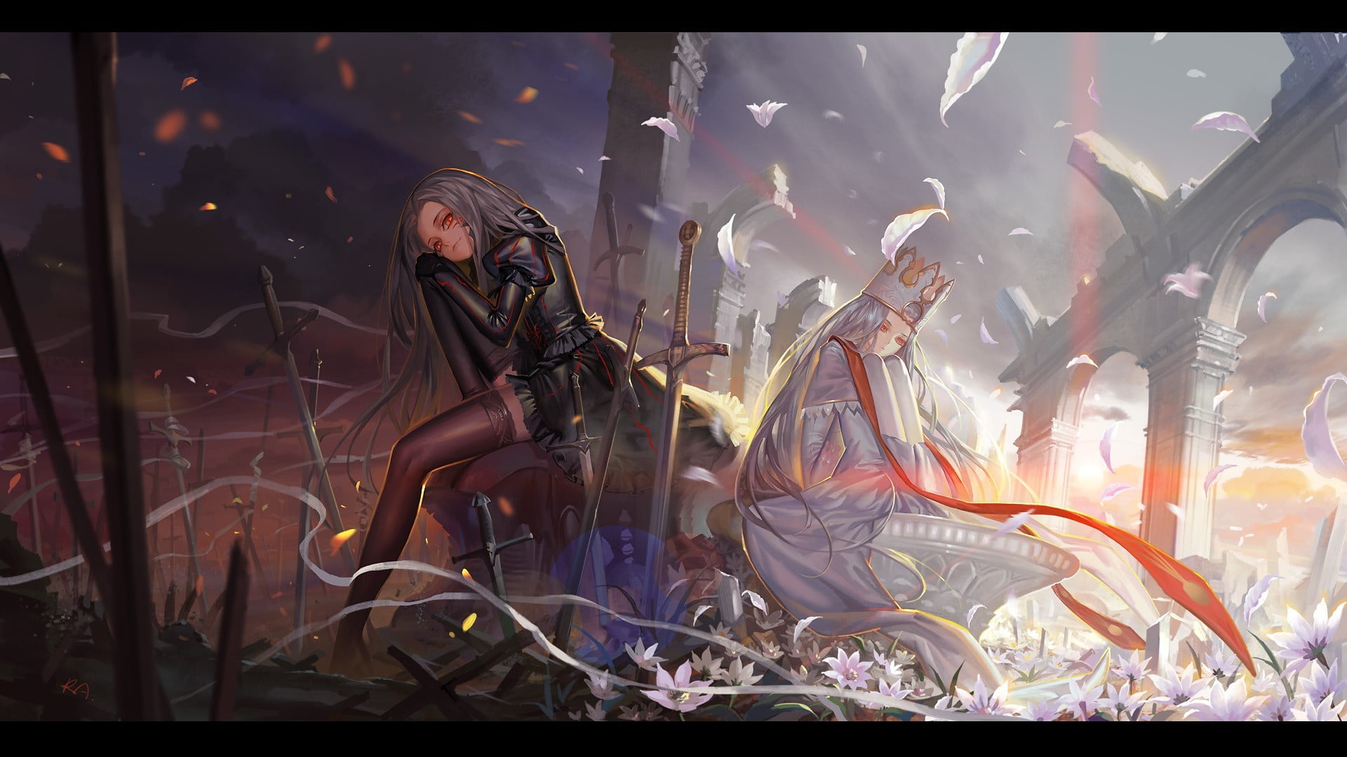 two white haired female anime characters, Fate Series, Saber