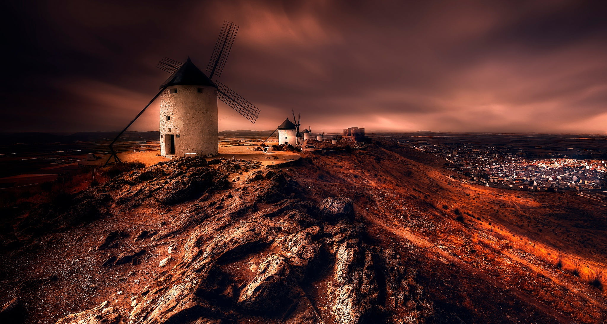 Buildings, Windmill, Castilla la Mancha, Landscape, Night, Spain