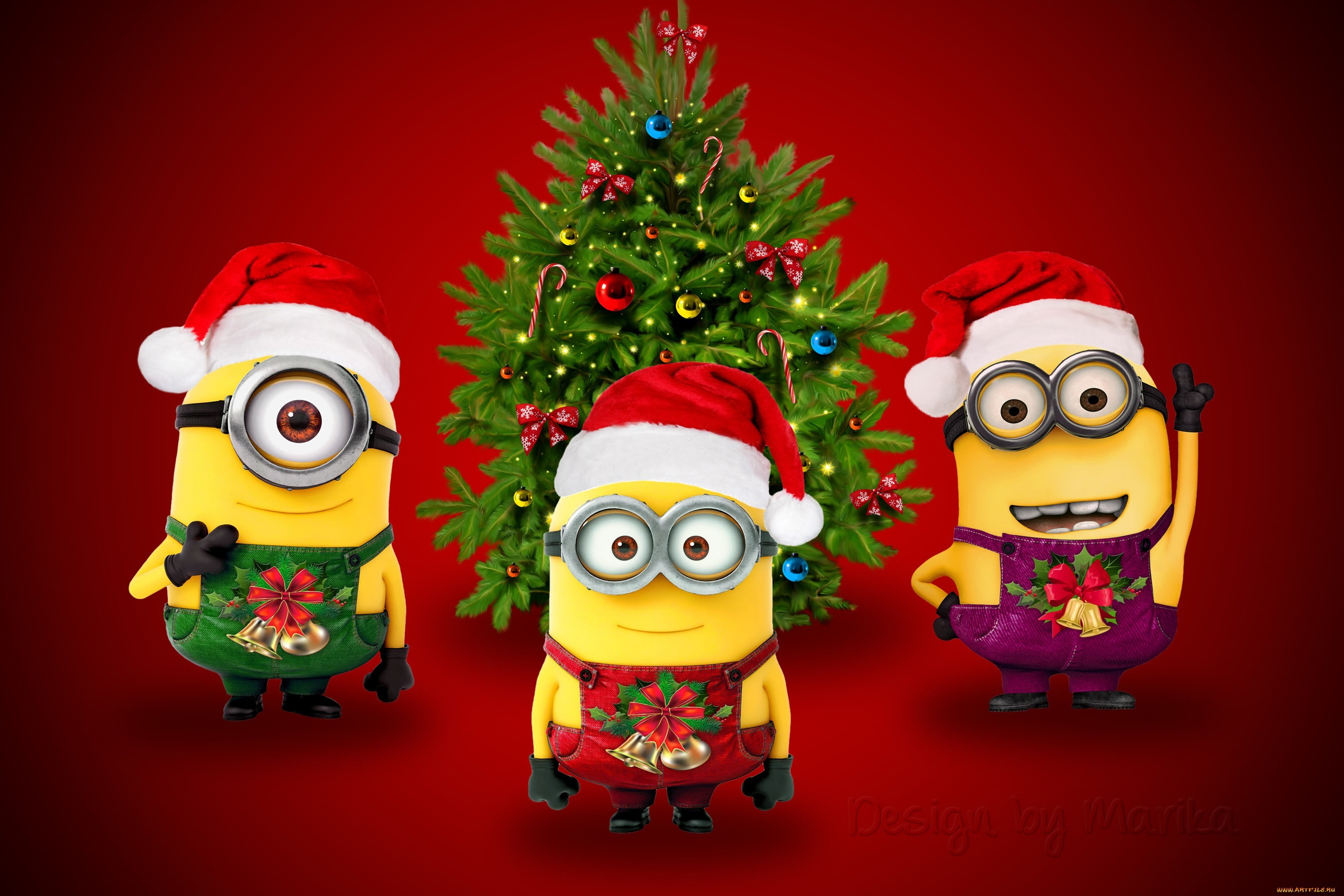 three Minions illustration, celebration, holiday, christmas, red