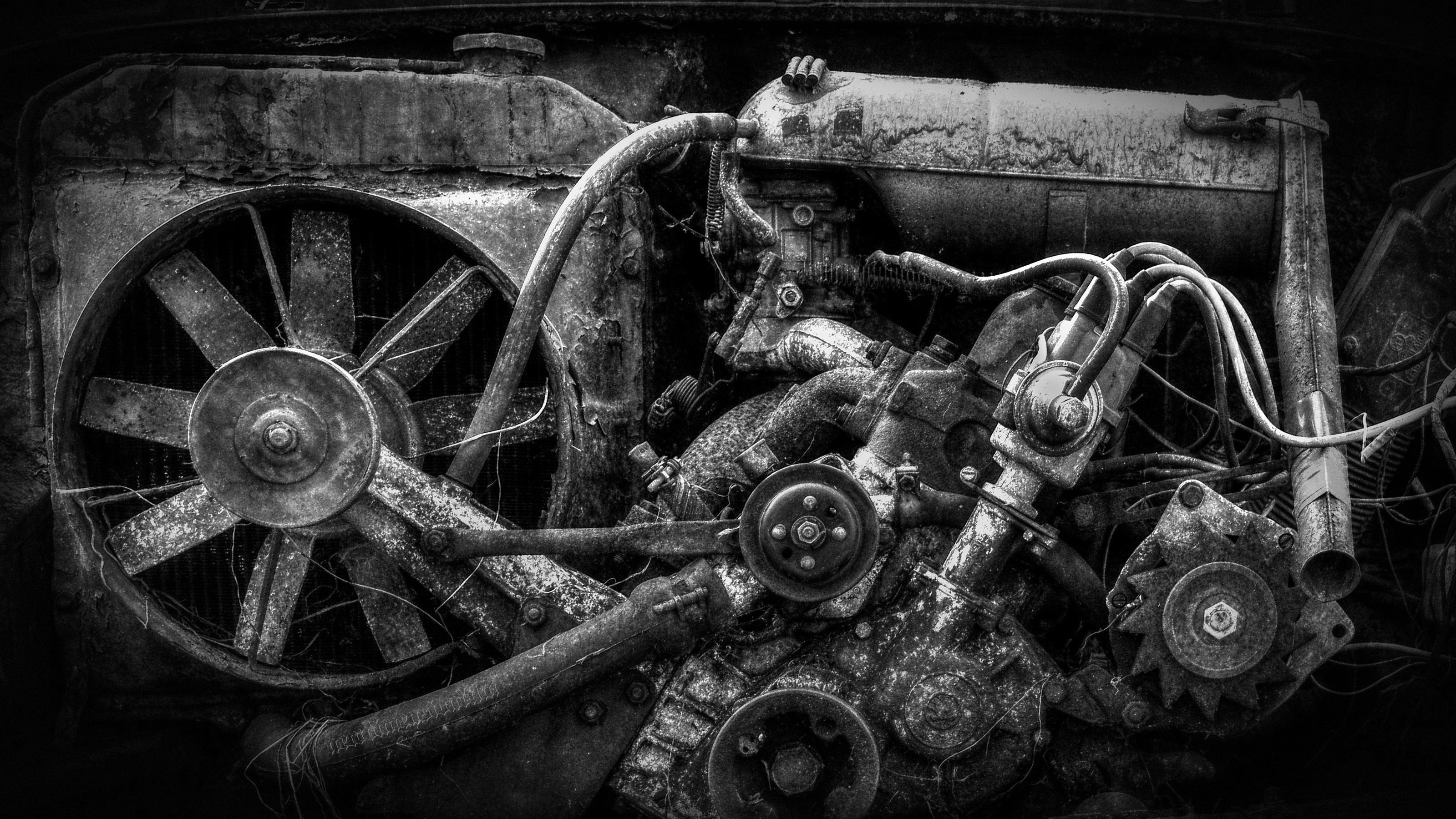 gray and black vehicle engine, black background, engines, gears