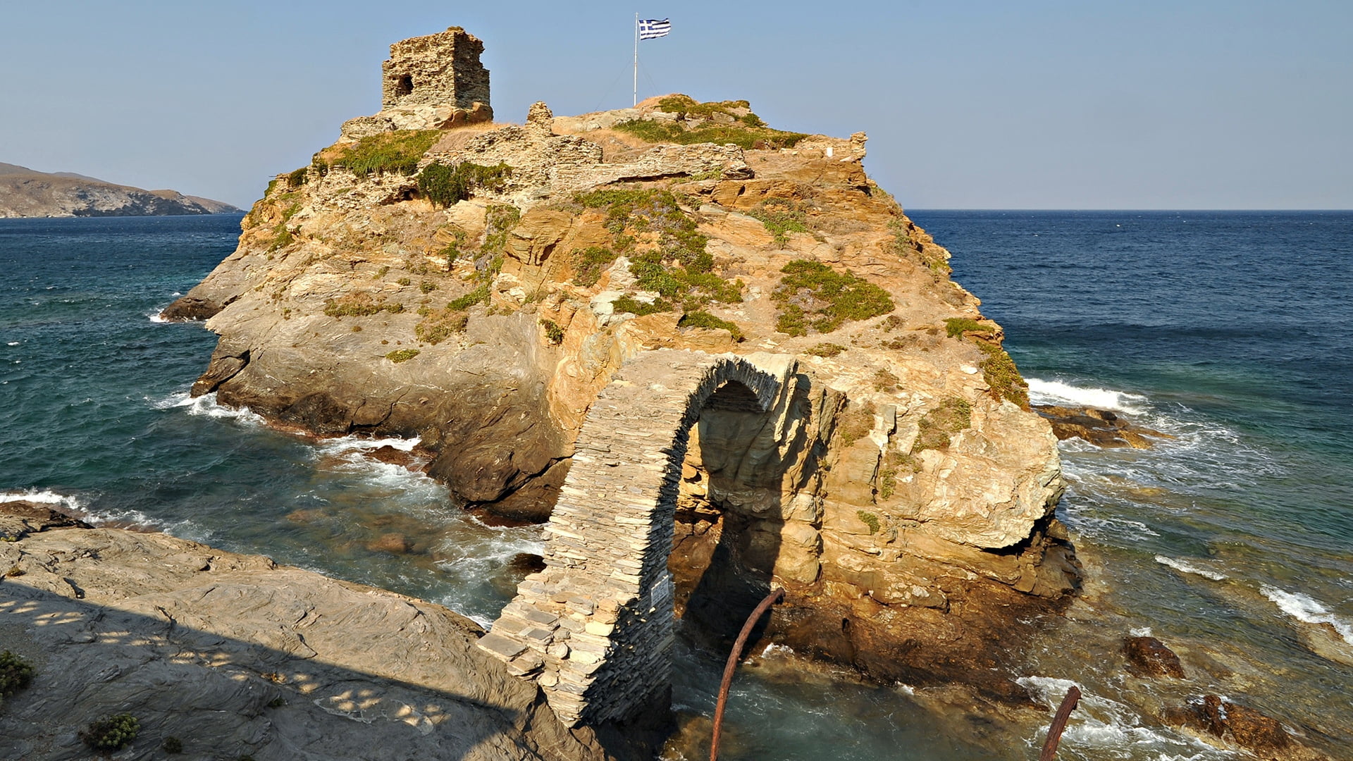 brown rock formation, greece, arch, flag, sea, coastline, cliff