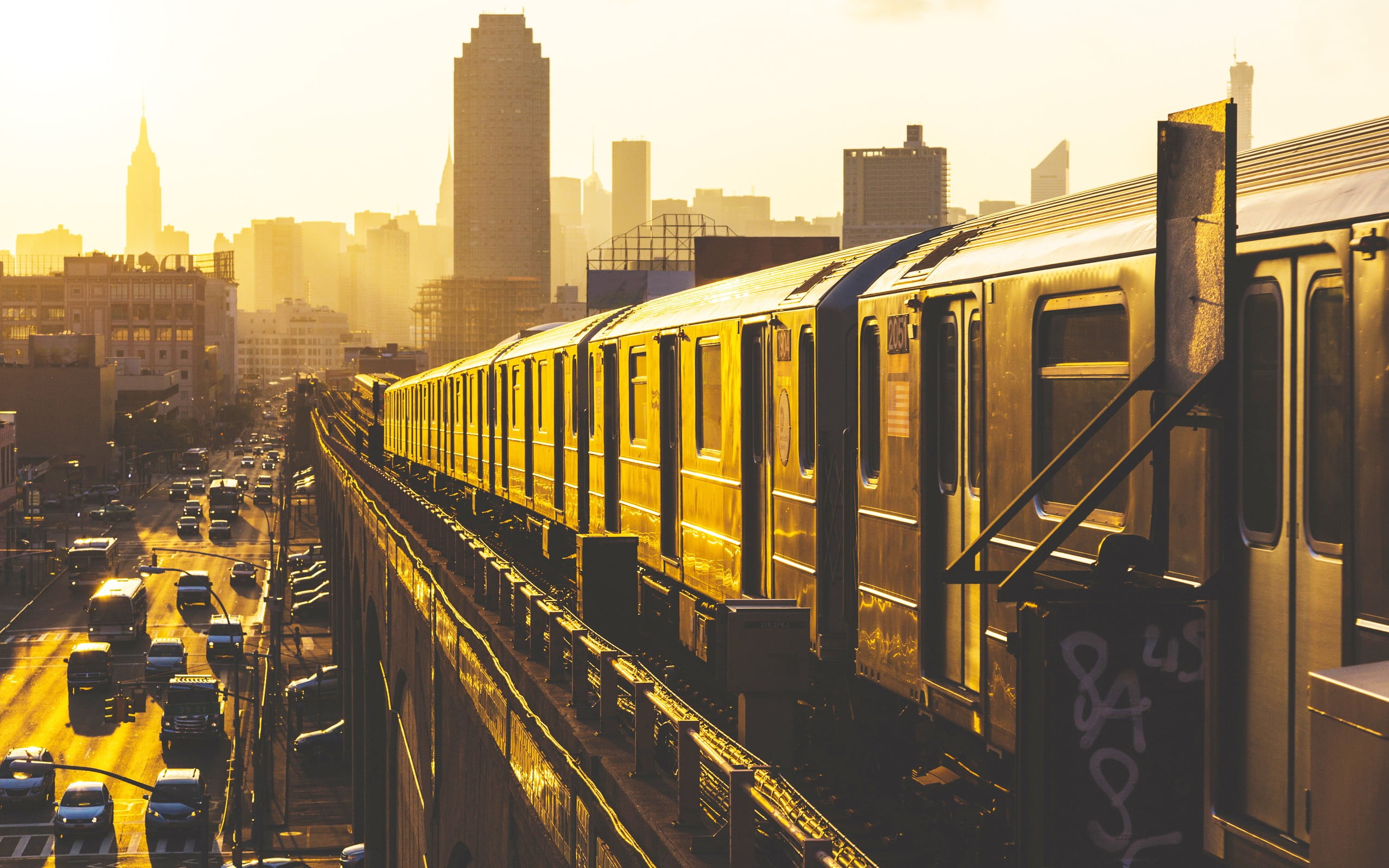 black train, brown passenger train, New York City, vehicle, cityscape