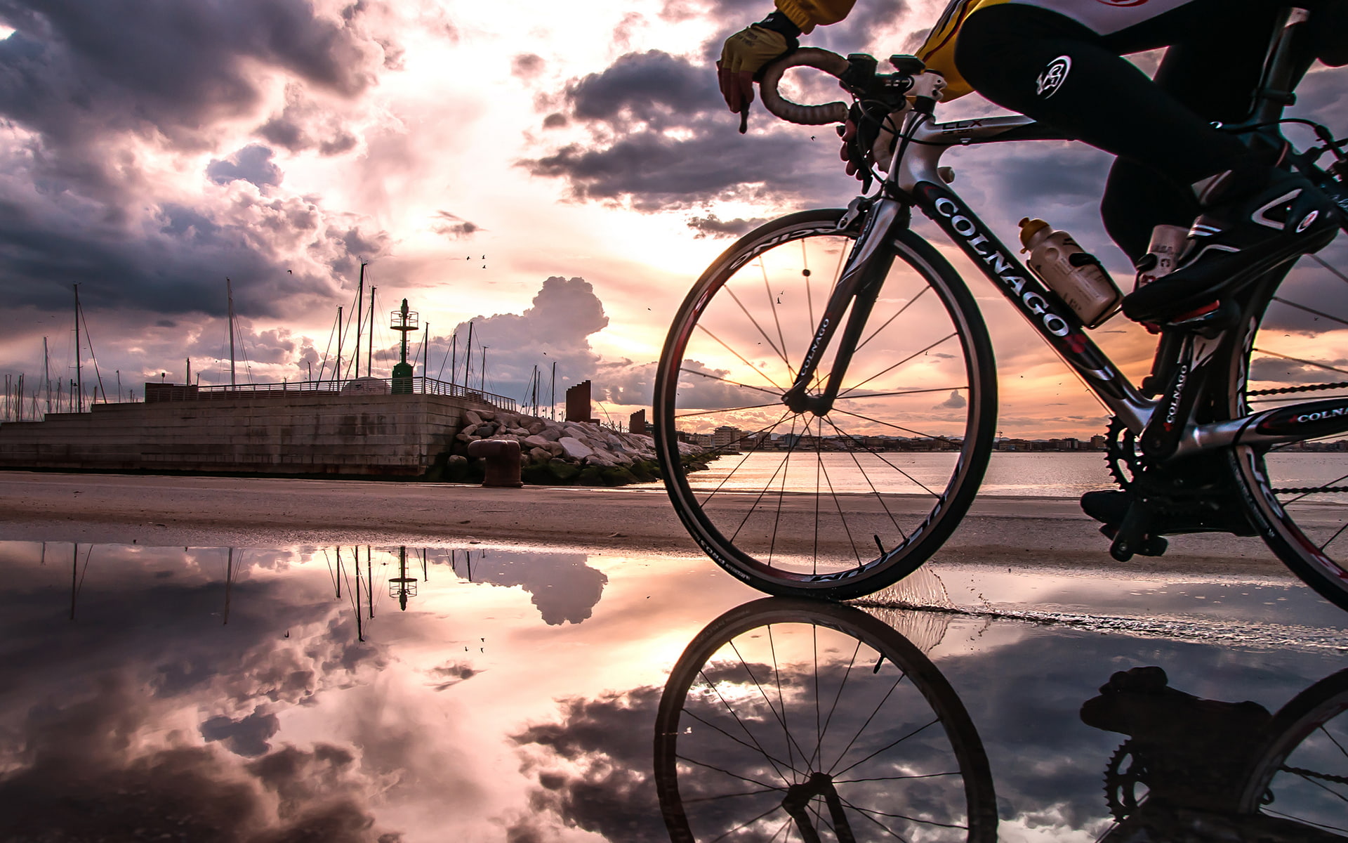 bicycle, clouds, puddle, reflection, sunset