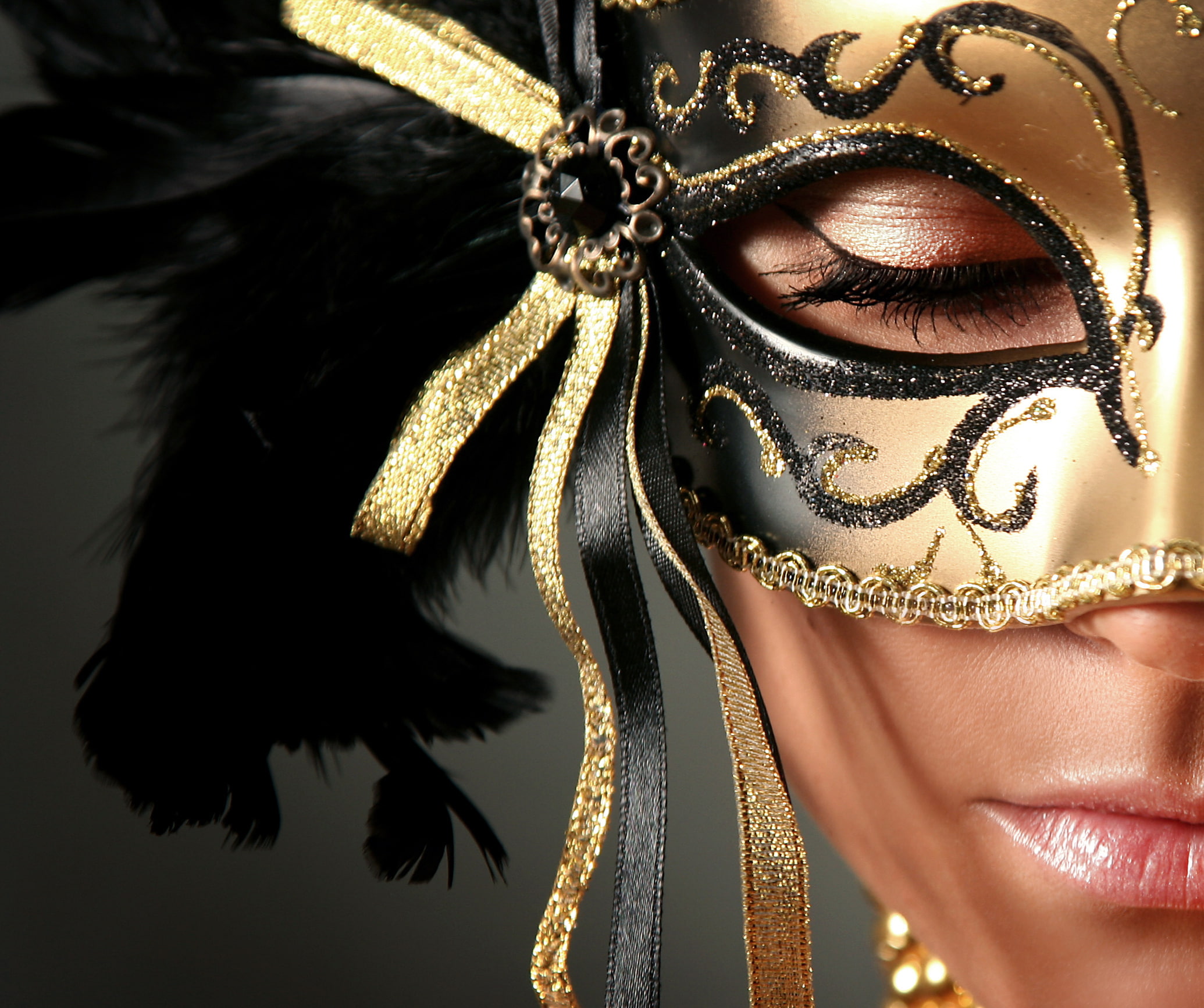 women's gold and black masquerade mask, girl, face, patterns
