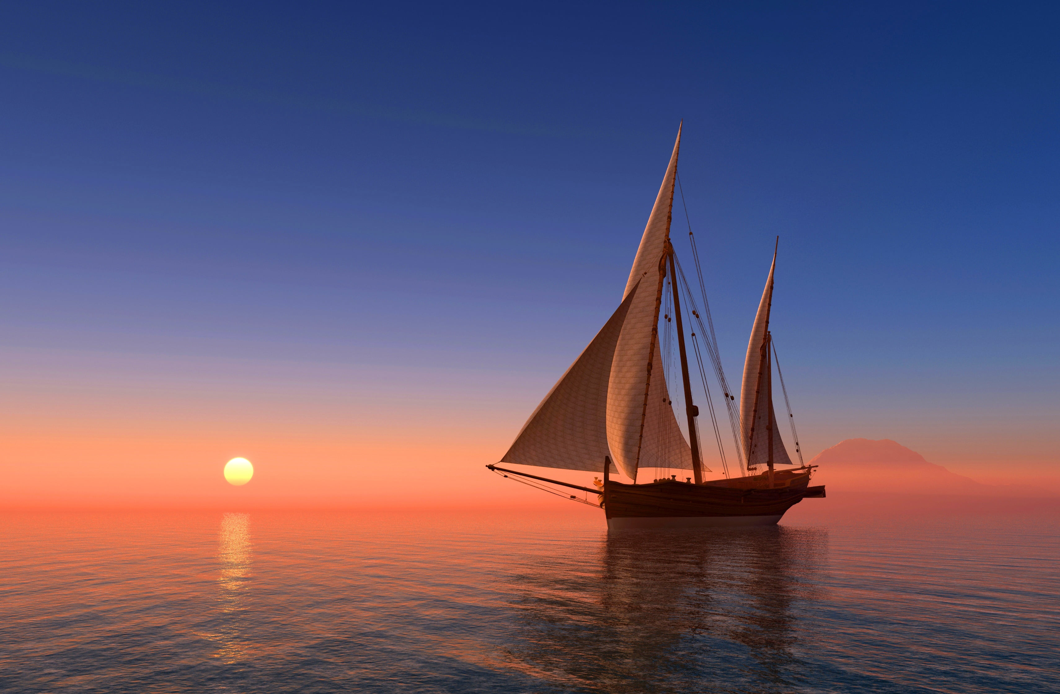 white and brown sailboat, sea, the sky, the sun, sunrise, coast