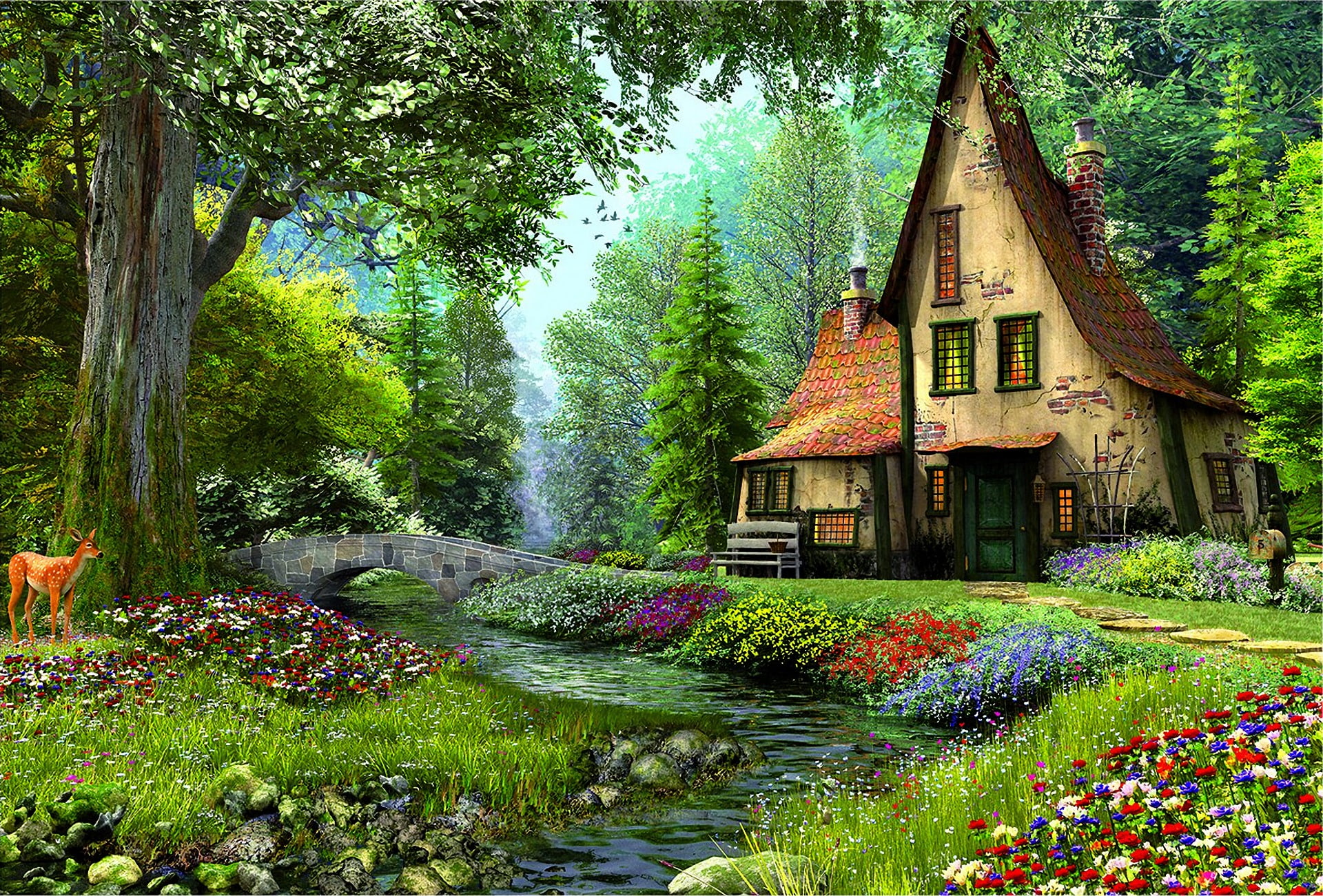 Artistic, Painting, Bridge, Deer, Fairy Tale, Flower, House
