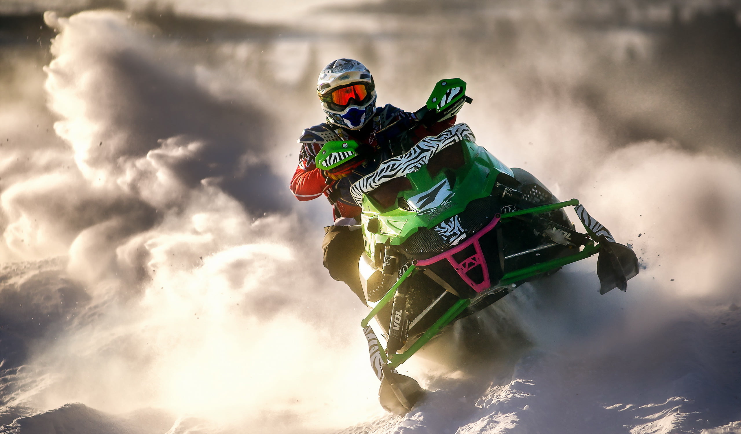 green and black snowmobile, sports, racing, winter, extreme Sports