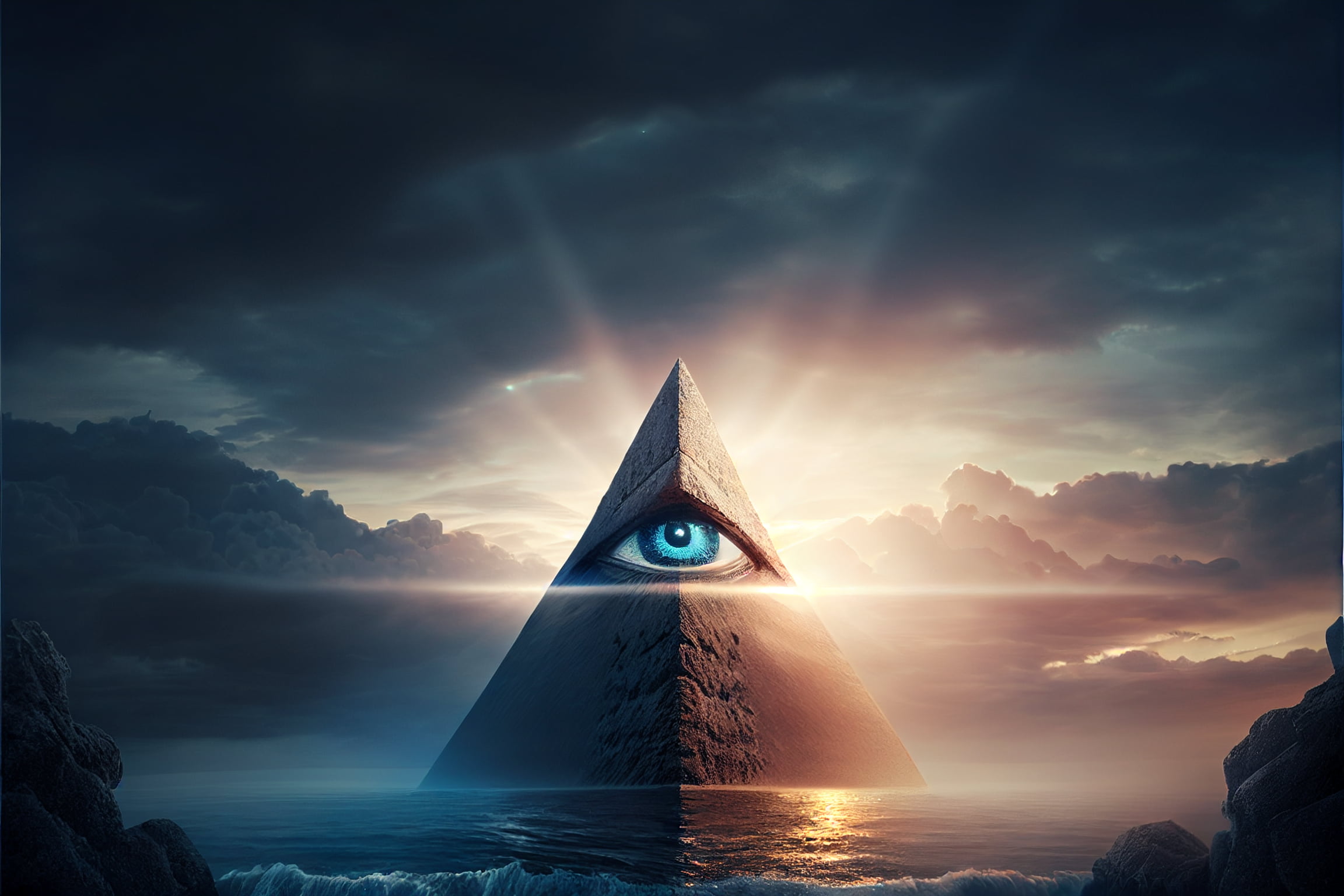 AI art, Illuminati, Eye of Providence, pyramid, eyes, clouds