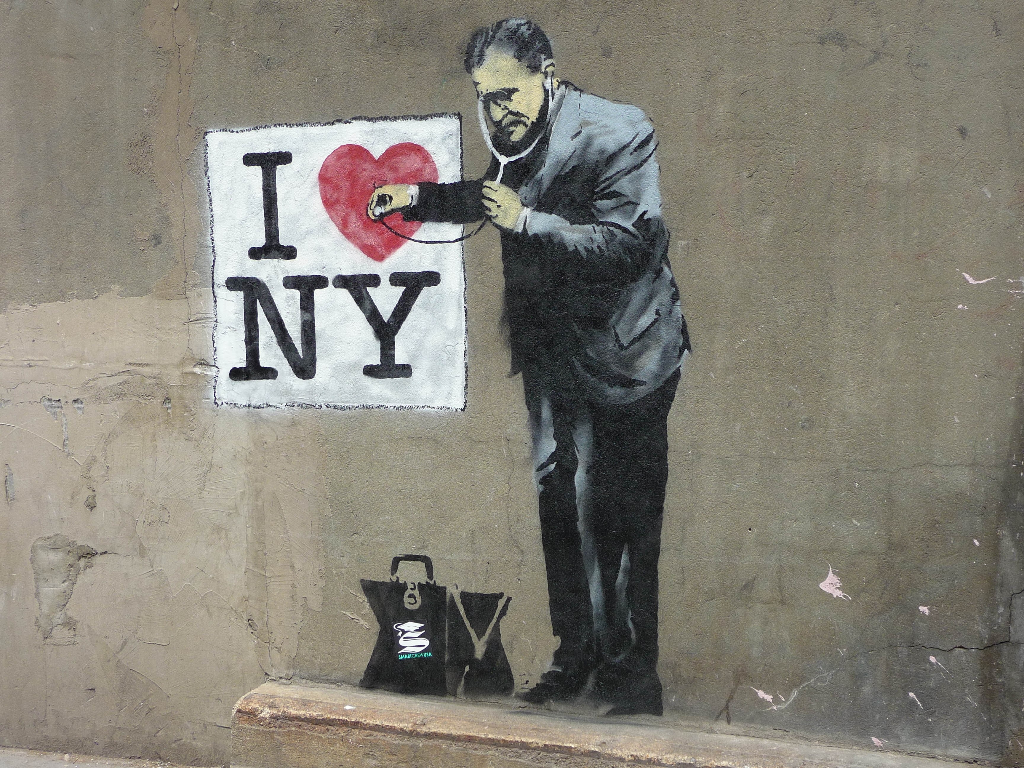 New York City, USA, Banksy, graffiti, men, wall, artwork, street
