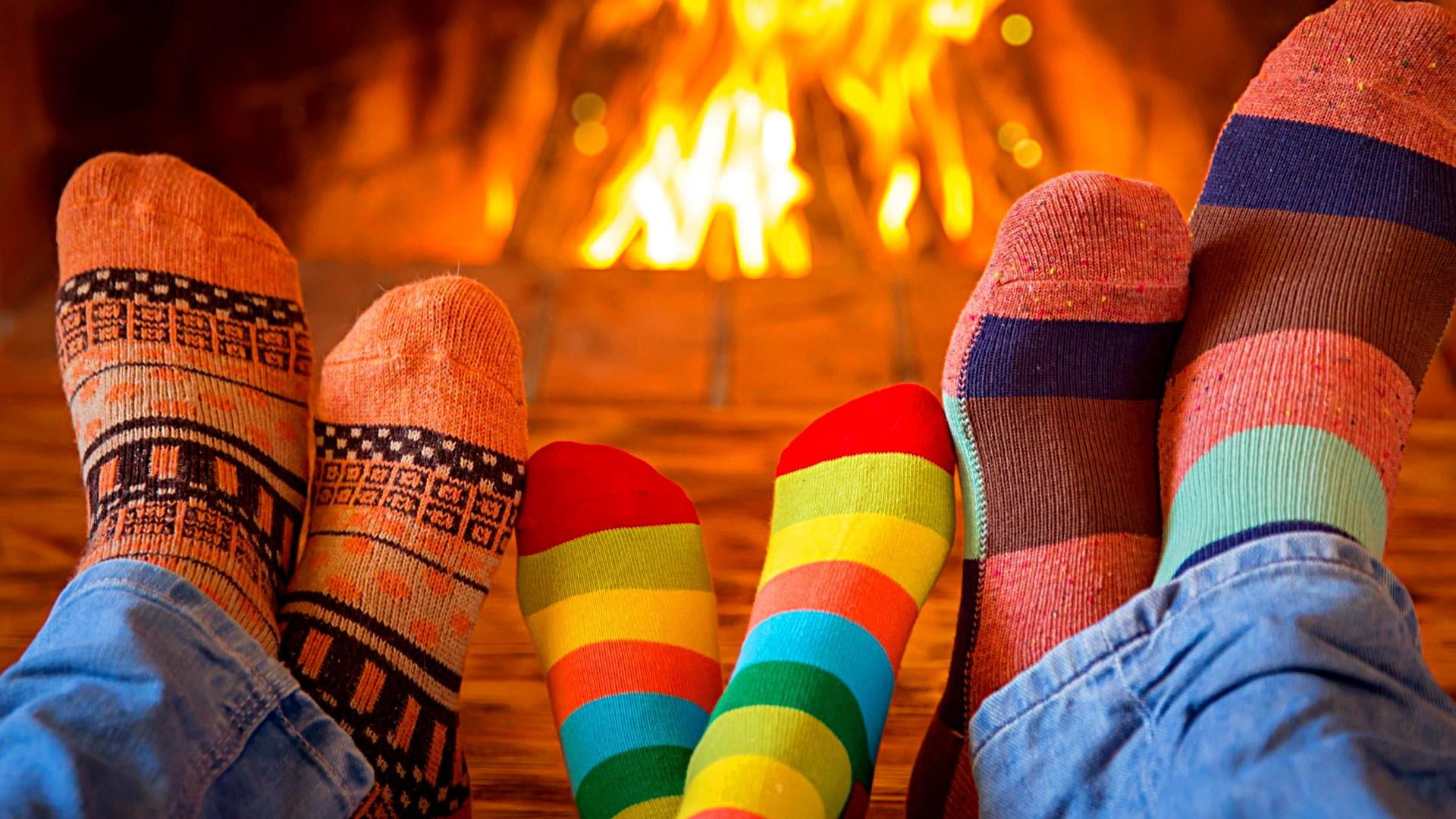 happy family, fireplace, socks, legs, multi colored, burning