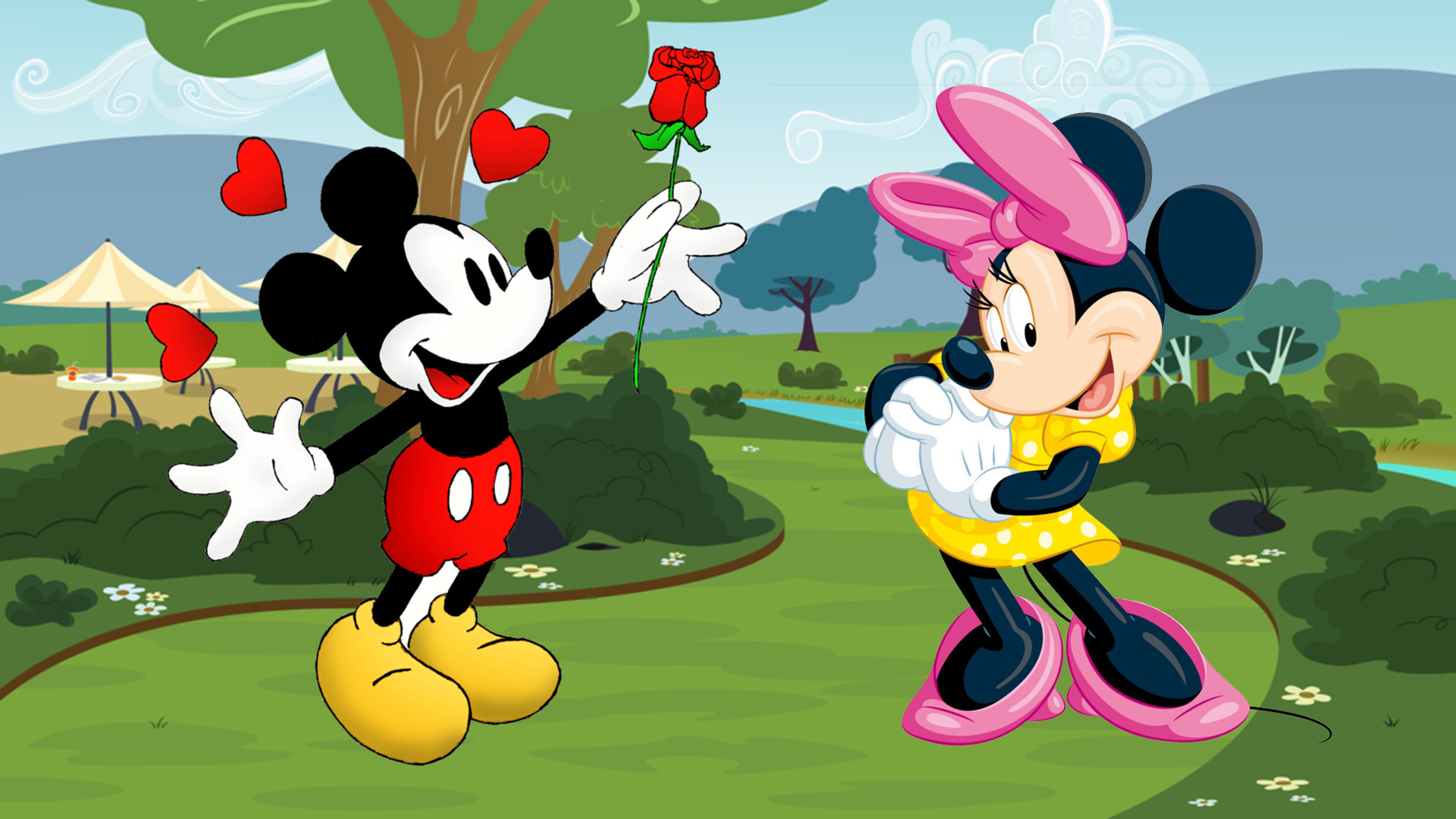 Mickey And Minnie Mouse Cartoon Red Rose For Minnie Love Couple Wallpaper Hd 3840×21600