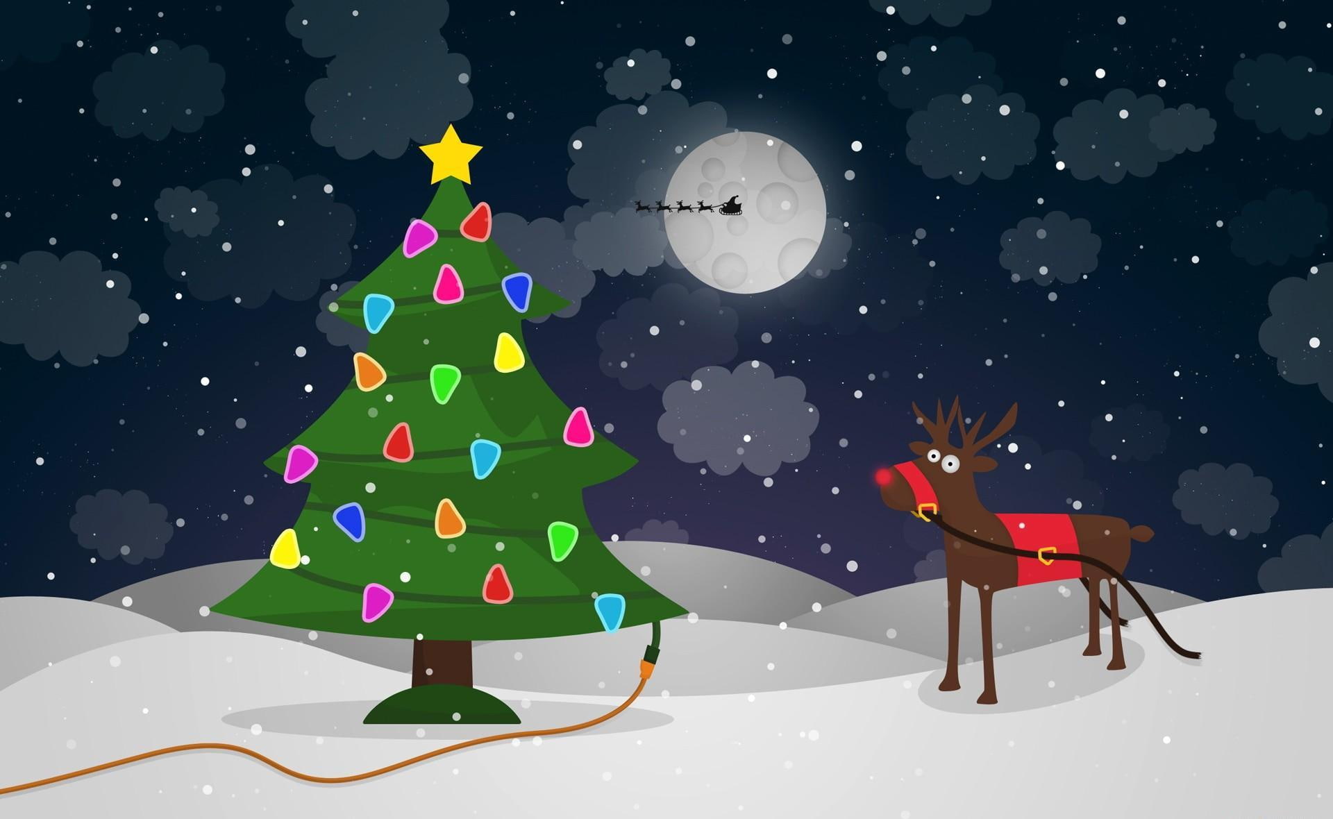 tree, garlands, wire, reindeer, christmas, moon, santa claus, sleigh, flying