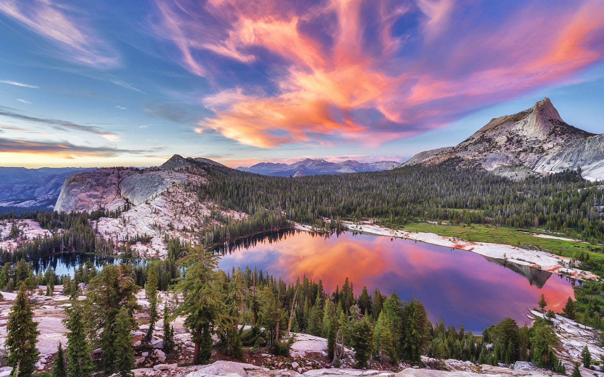 pine trees, reflection, clouds, lake, nature, sunset, mountains