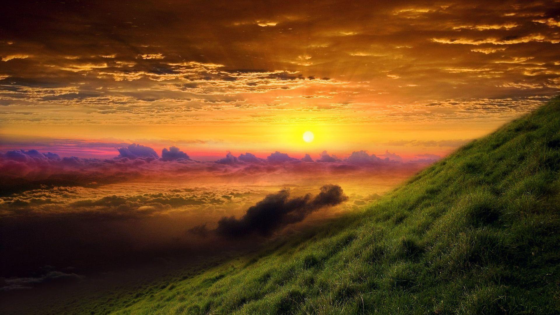 Colorful Sunrise Above The Clouds, grass, mountains, 3d and abstract