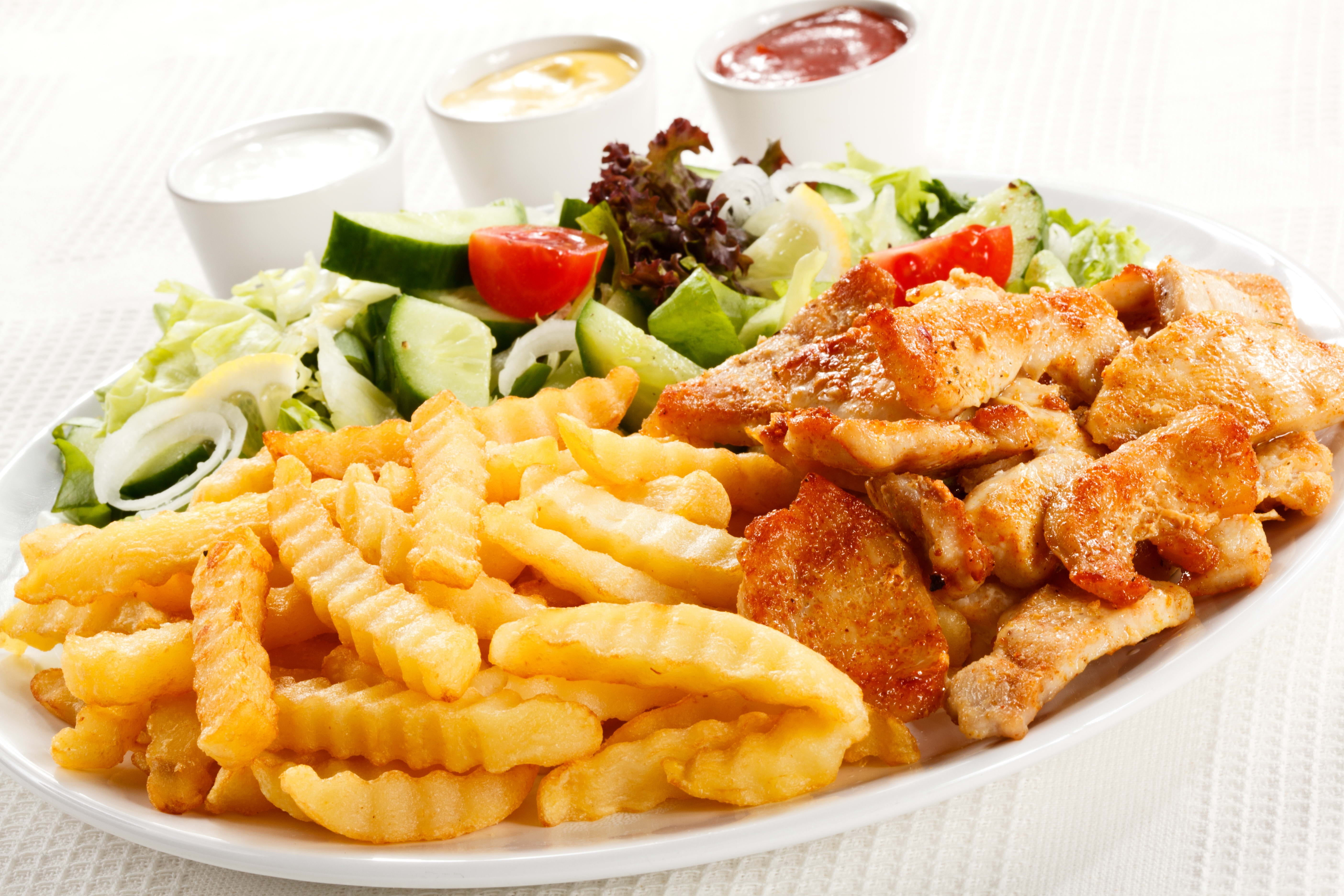 potato fries and vegetable salad, potato dish, meat, spices, food