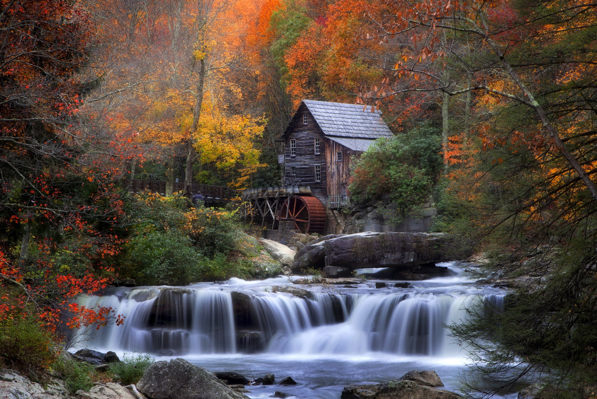 waterfalls near brown shed, autumn, forest, house, river, stones