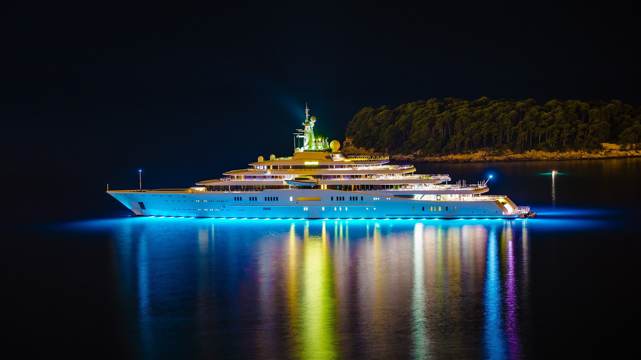 boat, night, lights, yachts, reflection, water, ship, trees