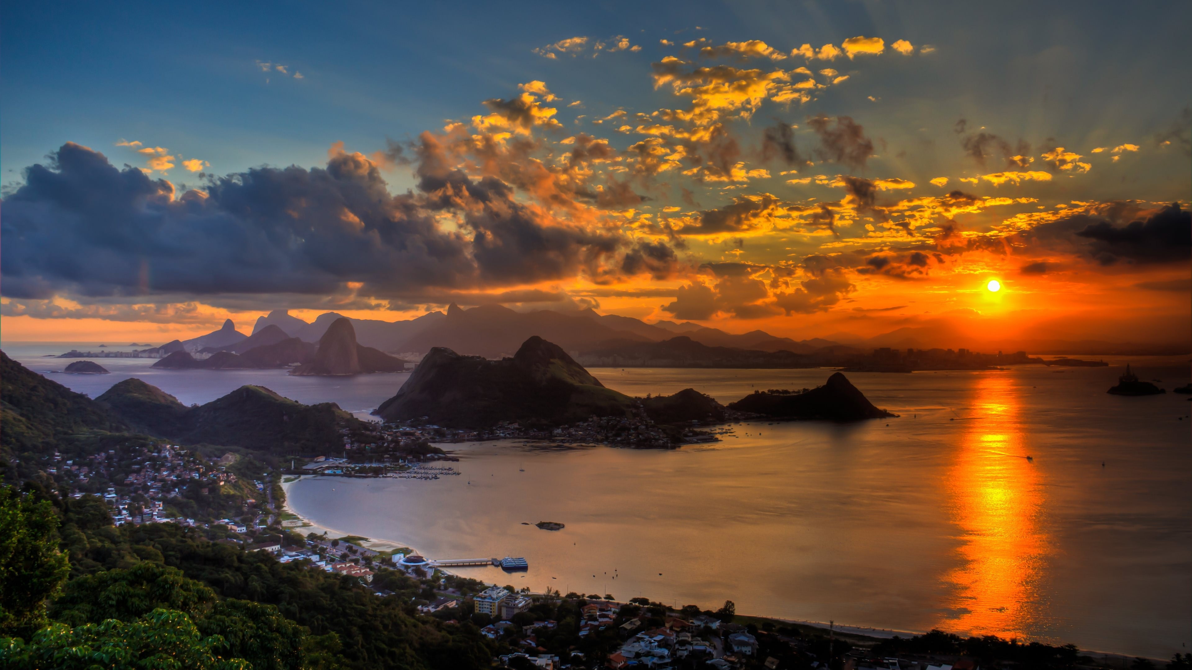 Sunset In Rio De Janeiro Niterói City Park Eclipse Orange Sun Red Sky Dark Clouds Reflection In The Ocean 3840×2160