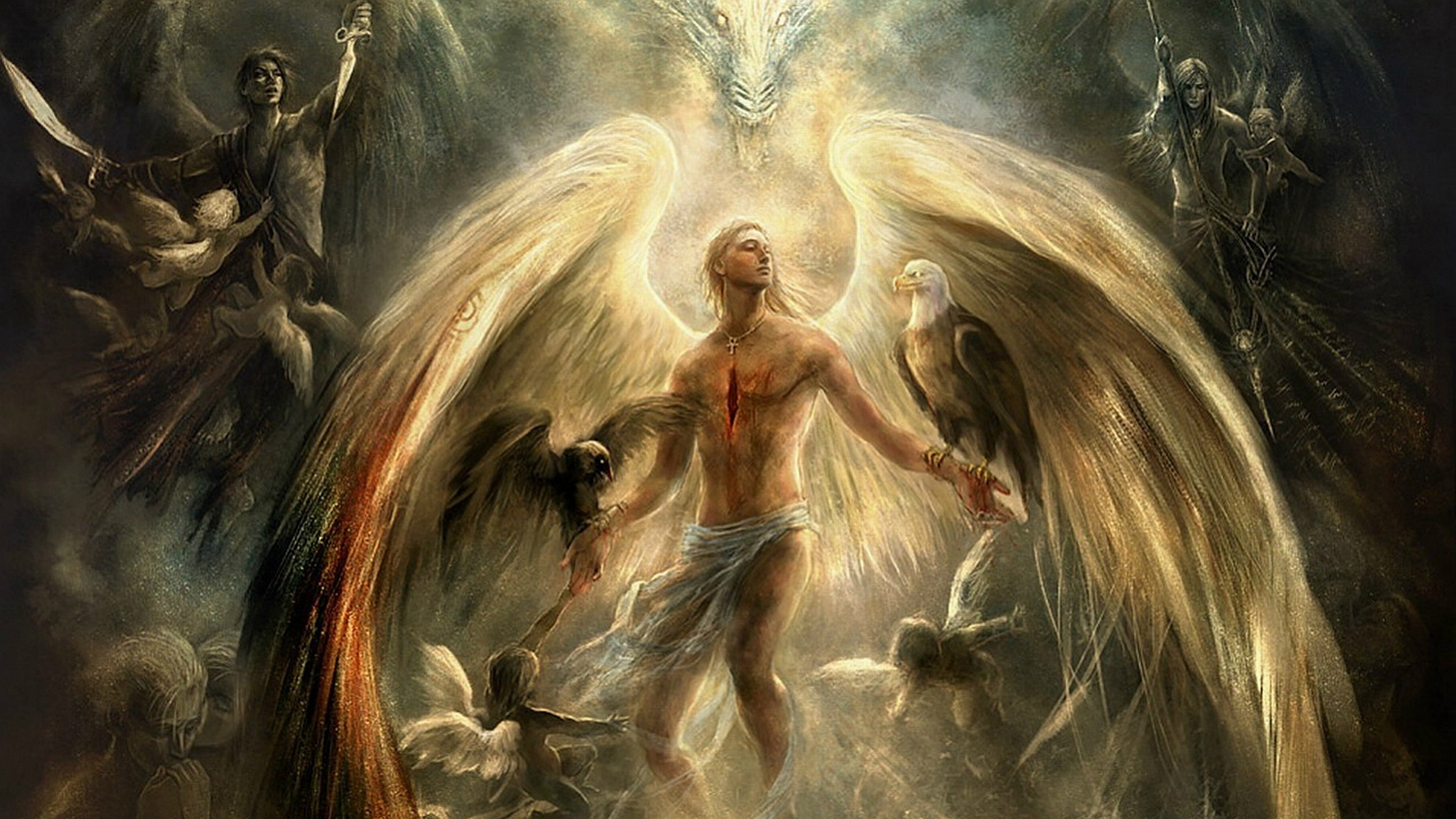 angels and demons digital wallpaper, eagle, angle, art and craft
