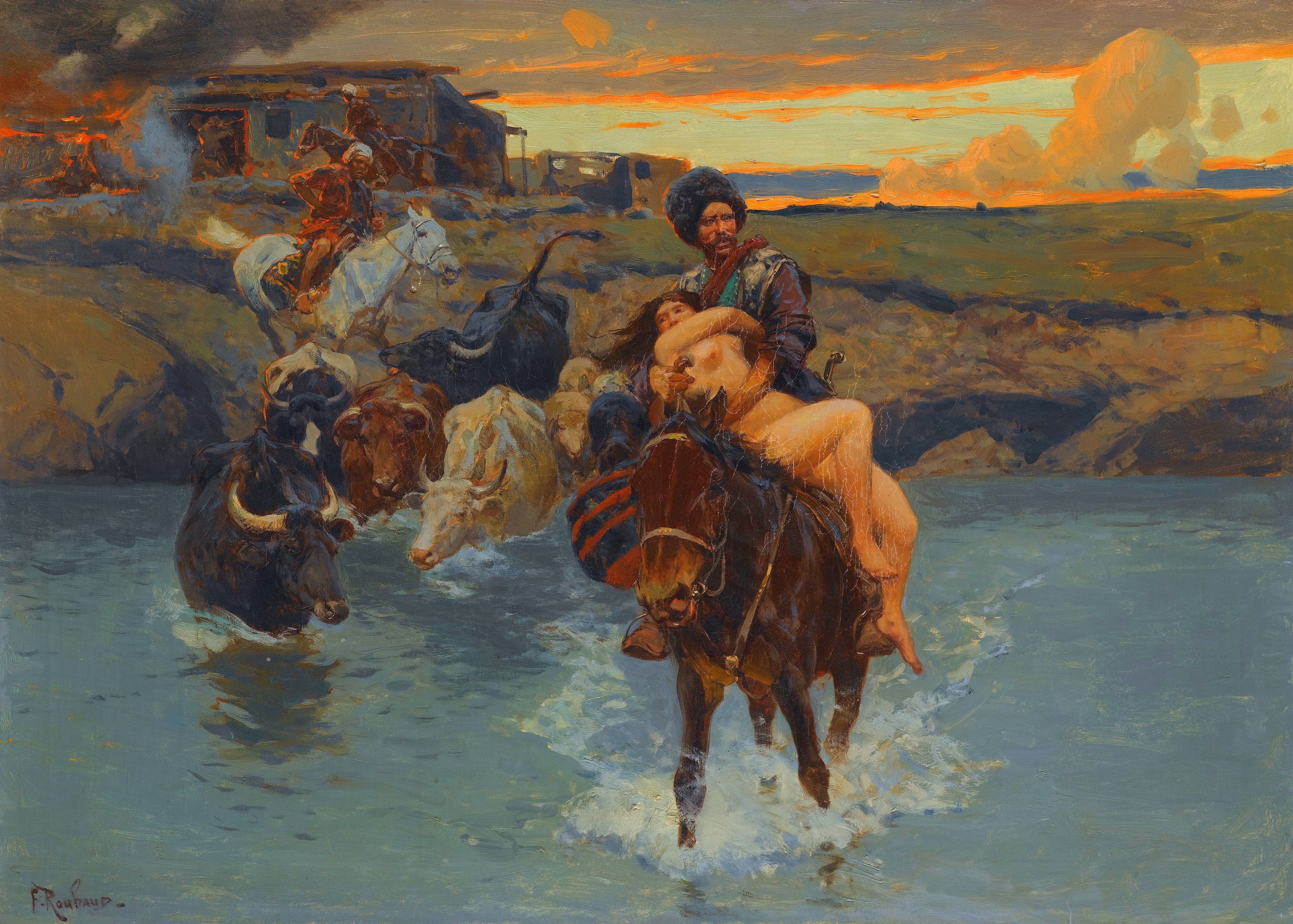 Girl, Picture, Horse, River, Cossacks, Cows, Русский художник-баталист