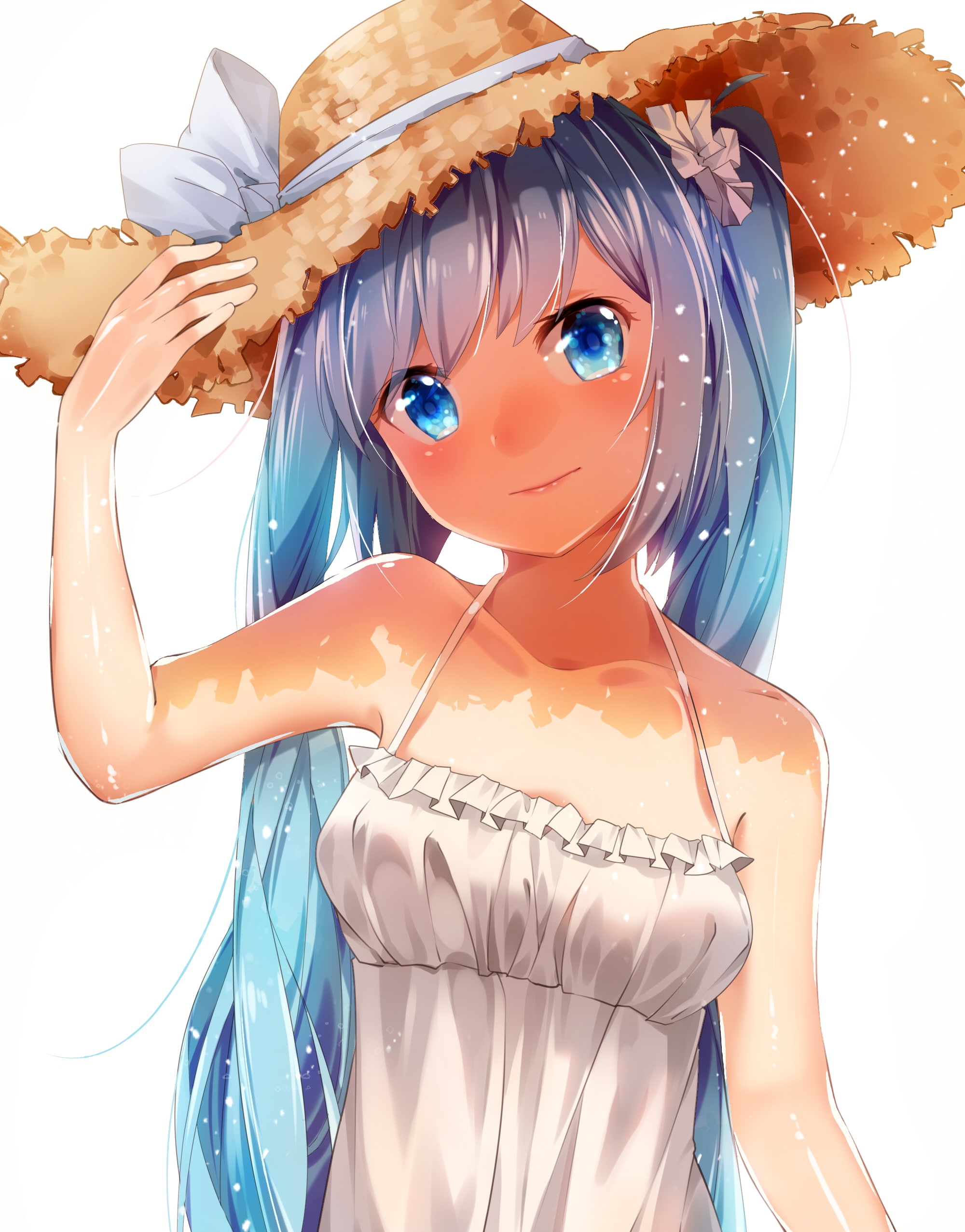 hatsune miku, summer dress, straw hat, twintails, vocaloid