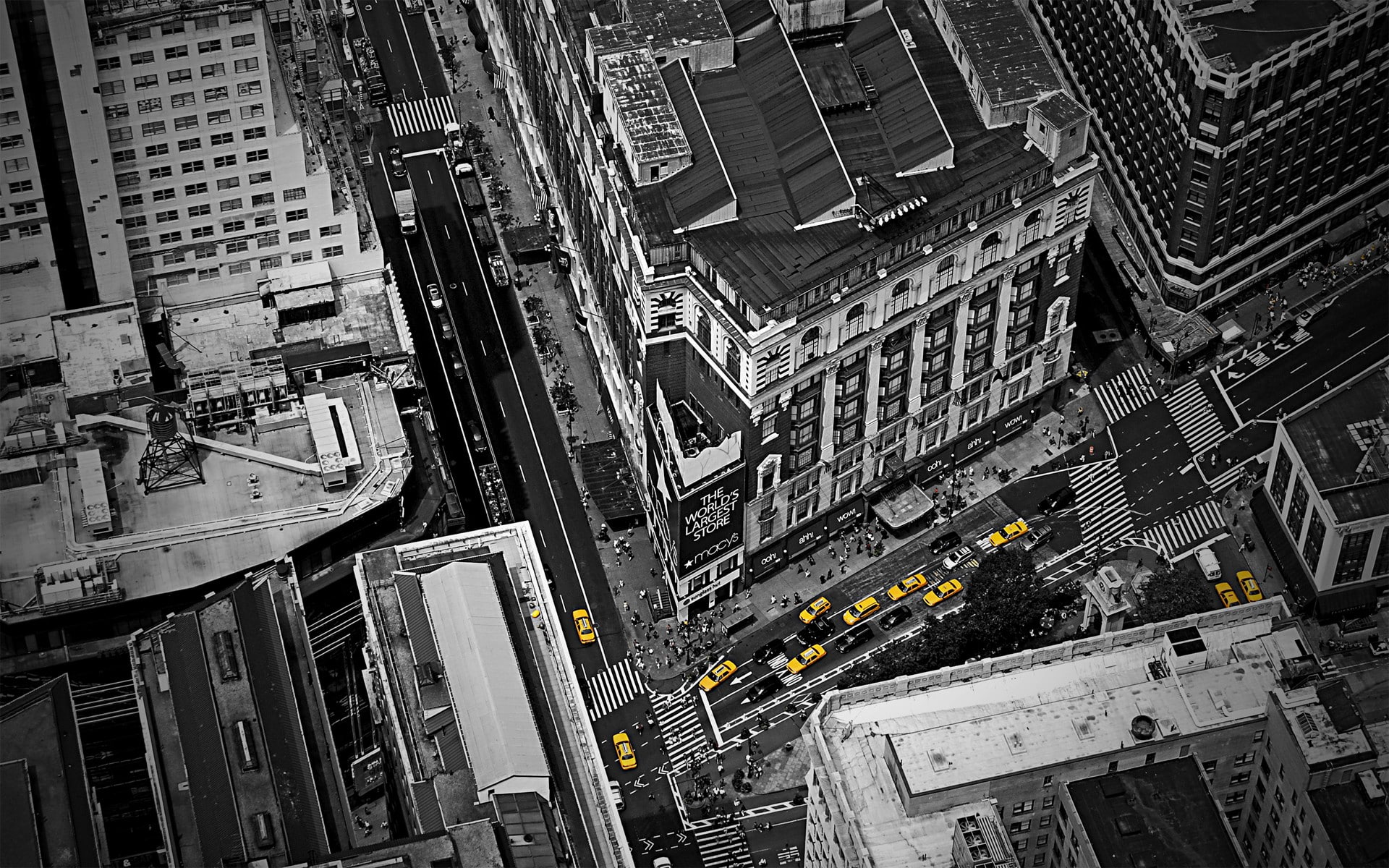 selective coloring, taxi, aerial view, city, traffic, Manhattan