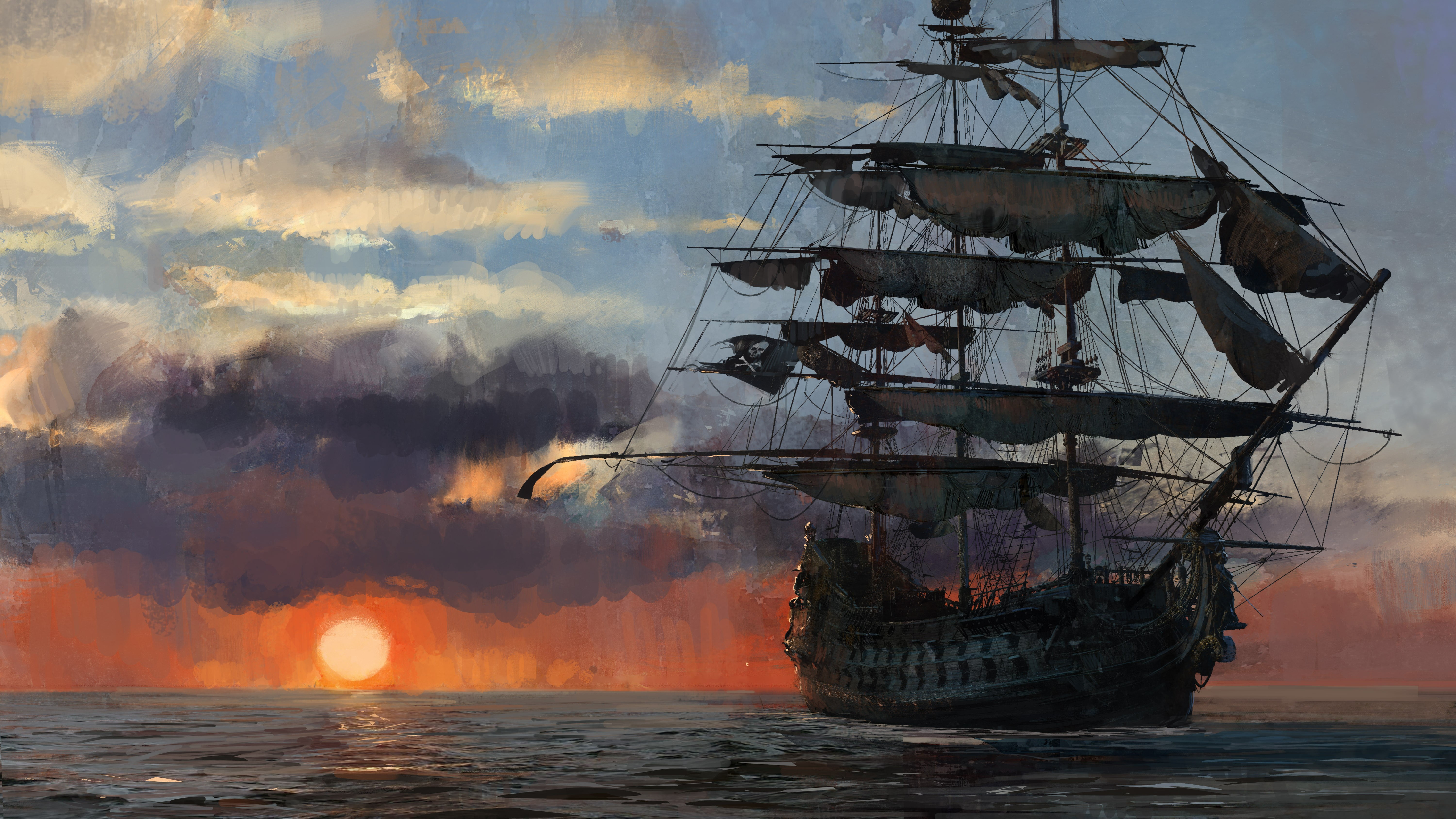galleon ship, game, pirate, sunset, pirate ship, flag, pirate flag