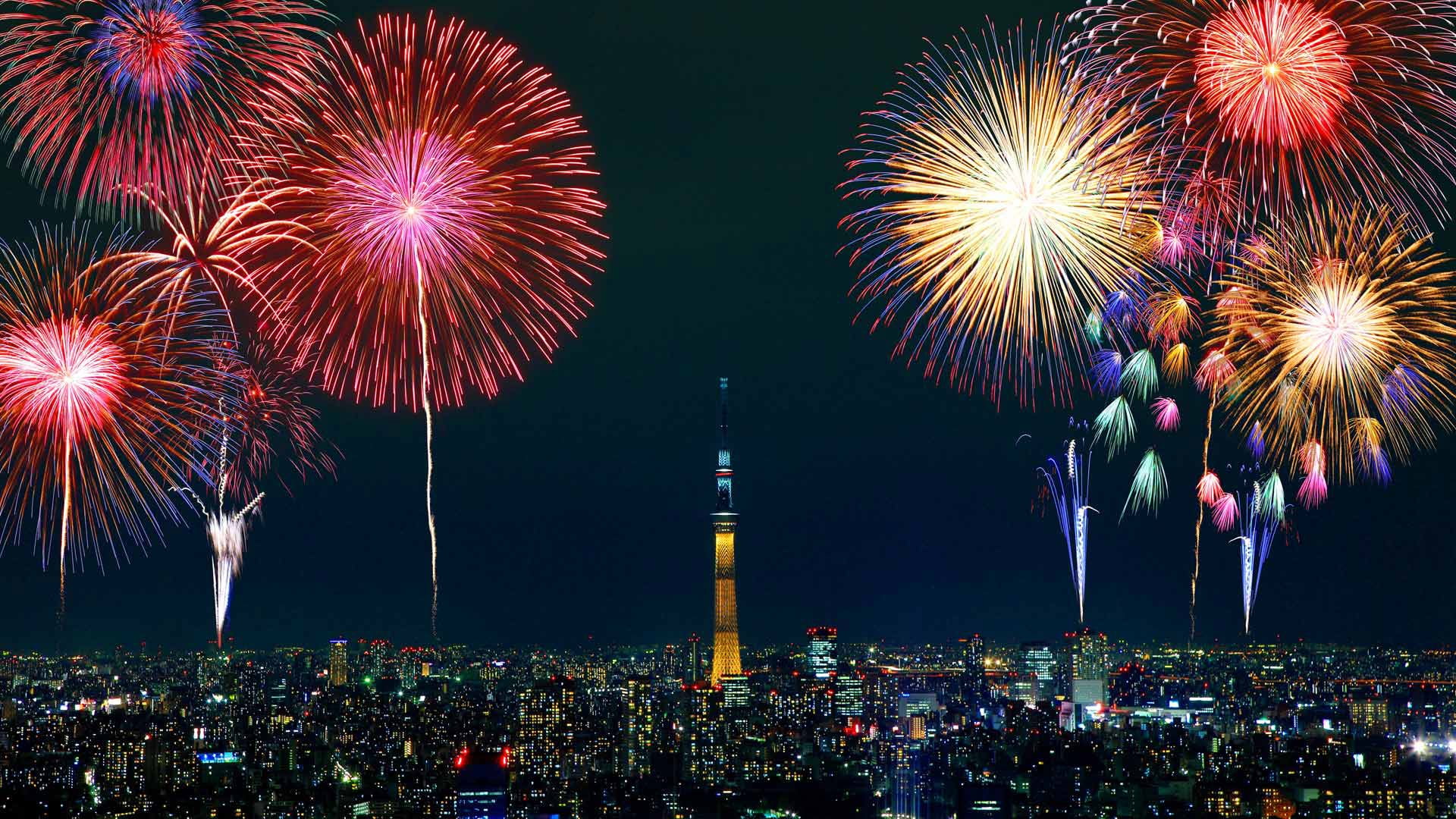 the city, salute, Tokyo, fireworks