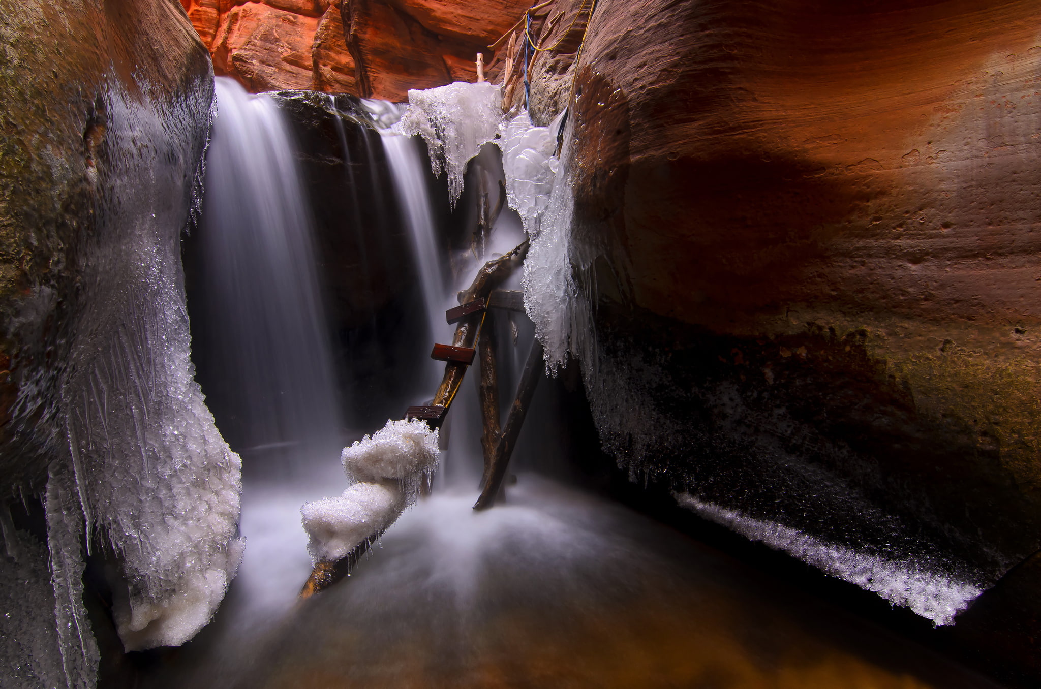 ice, icicles, ladder, cave, Utah, USА, Kanarraville