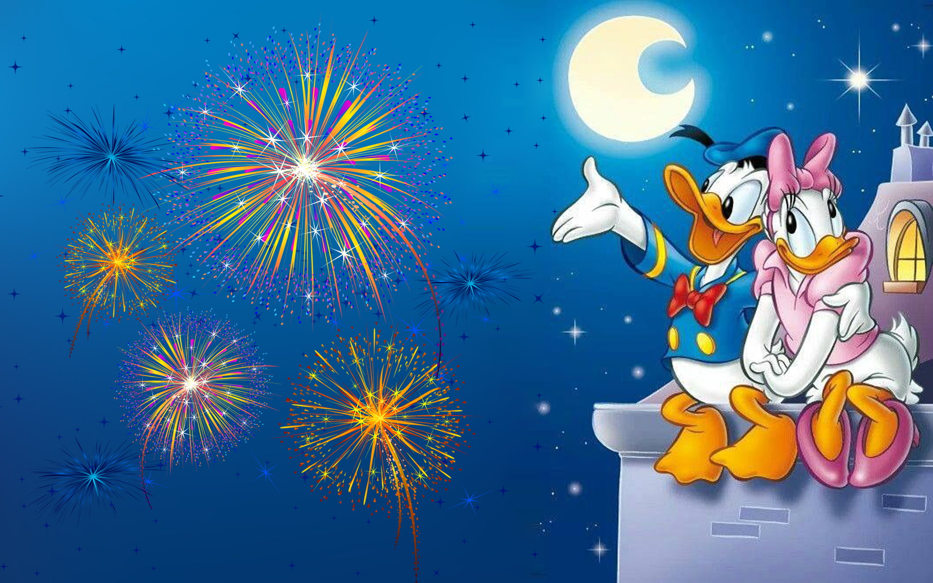 Donald Duck And Daisy Duck Romantic Evening Watching The Full Moon Fireworks Hd Wallpapers For Mobile Phones Tablet And Laptop 1920×1200