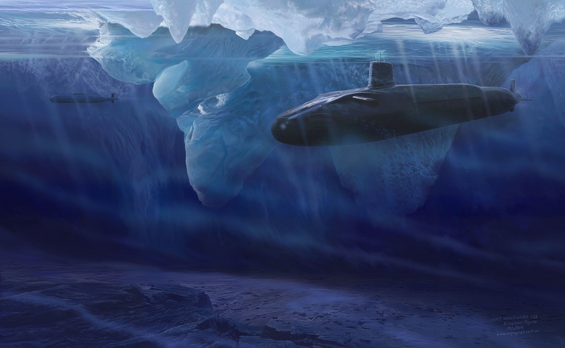 artwork, iceberg, submarine, vehicle, water, sea, nature, frozen