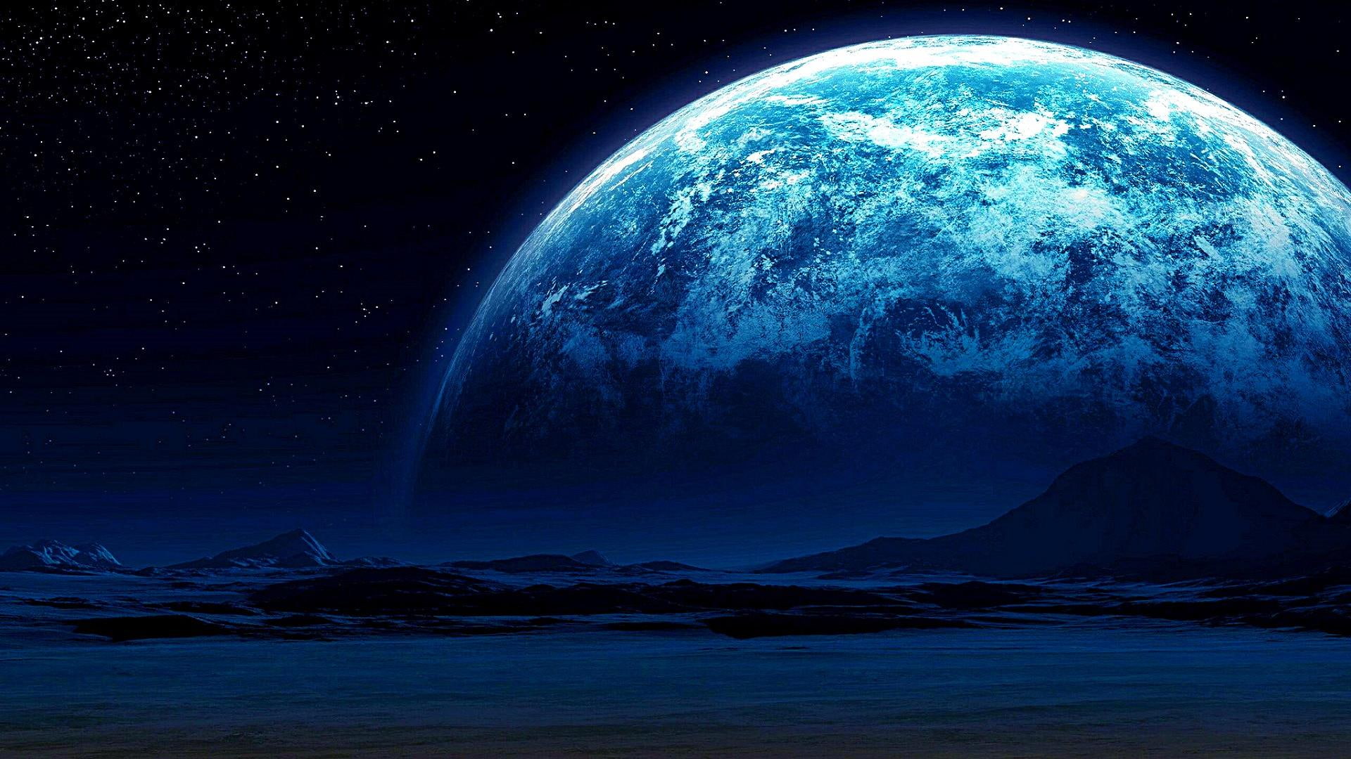 blue moon, stars, mountain, starry night, earthlike, sky, planet